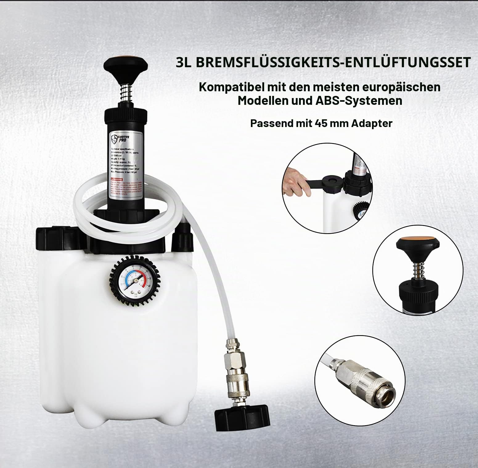 SMOTIVEPRO Bremsenentlüftungsset, 3 l Bremsflüssigkeits-Entlüftungskit mit 1 l Nachfüllflasche und 45 mm Hauptzylinderadapter, kompatibel mit den meisten europäischen Modellen und ABS-Systemen