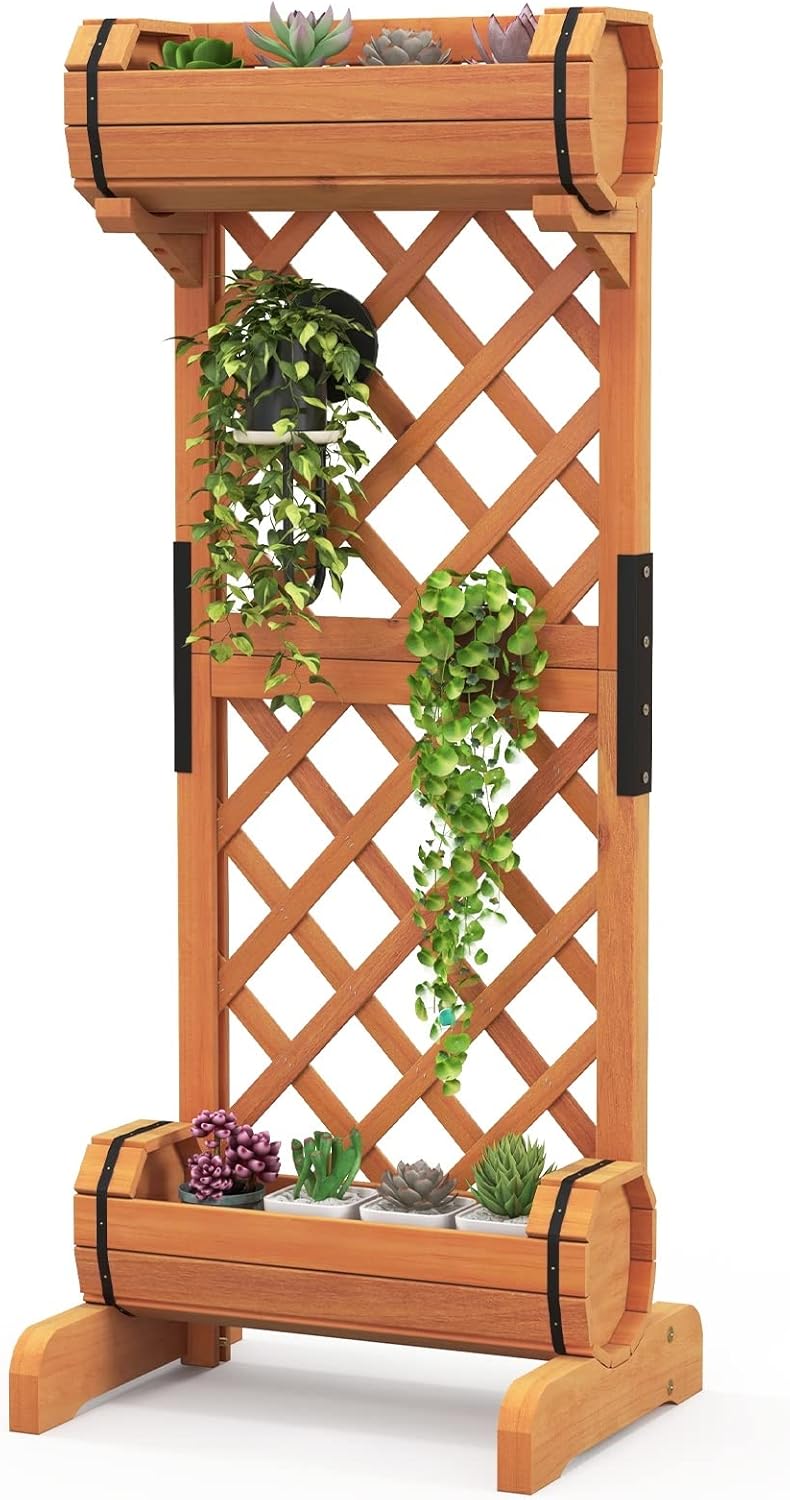 TANGZON 2Tier Raised Garden Bed, Wooden Elevated Garden Planter with 2 Cylindrical Planter