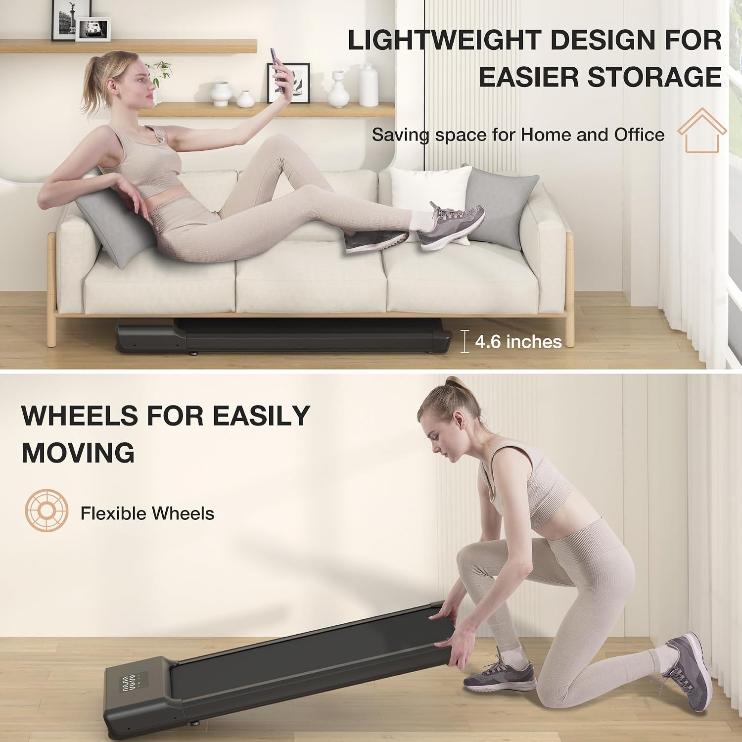 Walking pad stored under a sofa and being moved with wheels