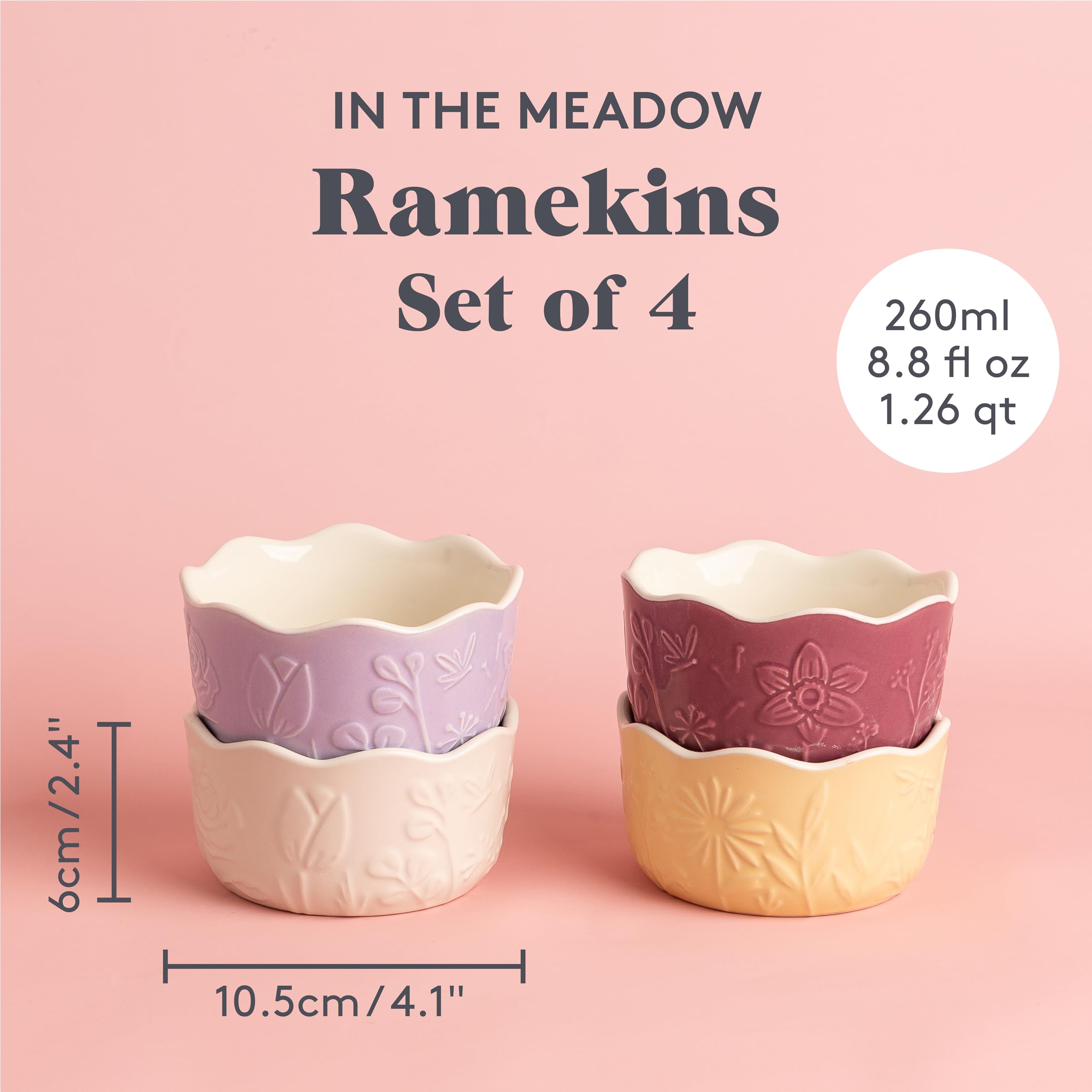 Mason Cash in The Meadow Lot de 4 ramequins 12 x 6 cm | 260 ml en grès gaufré floral pour desserts, trempettes et collations, allant du four à la table