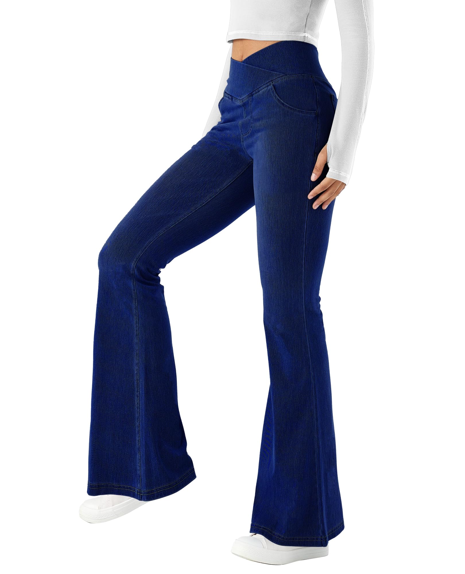 LaiEr Mujer Bootcut Jeans V Crossover Cintura Alta Tirar de Control del Vientre Casual Fitness Pantalones Skinny de Yoga,Tejido Suave de Alta Elástico de Denim,Leggings campanados