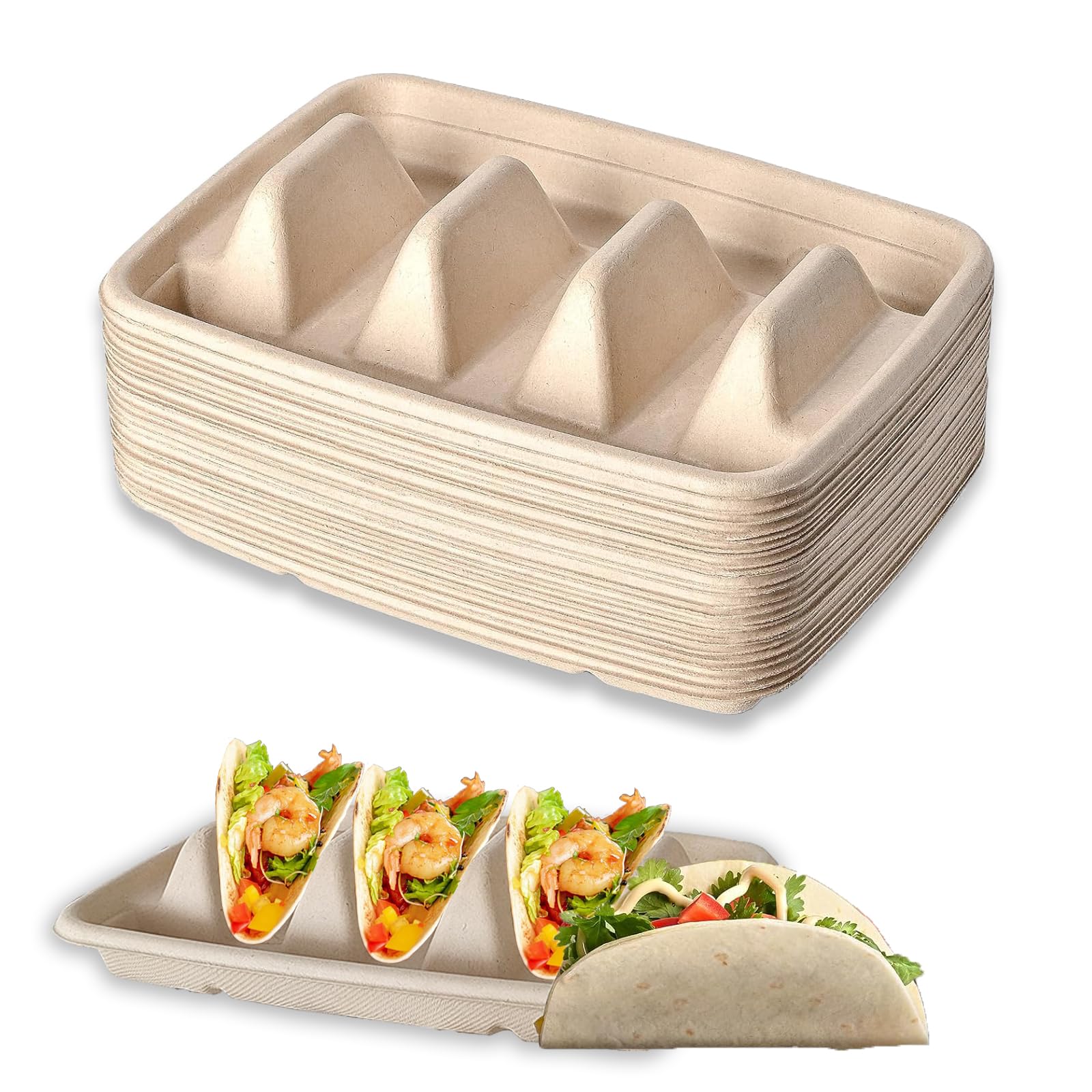 Quixotical Taco Holder 50 Pack, Disposable Taco Holder Stand, Cardboard Taco Holders, Taco Tray Holder with Handles, Taco Tray Plates Holds Up to 3 Tacos for Home, Parties, and Restaurant