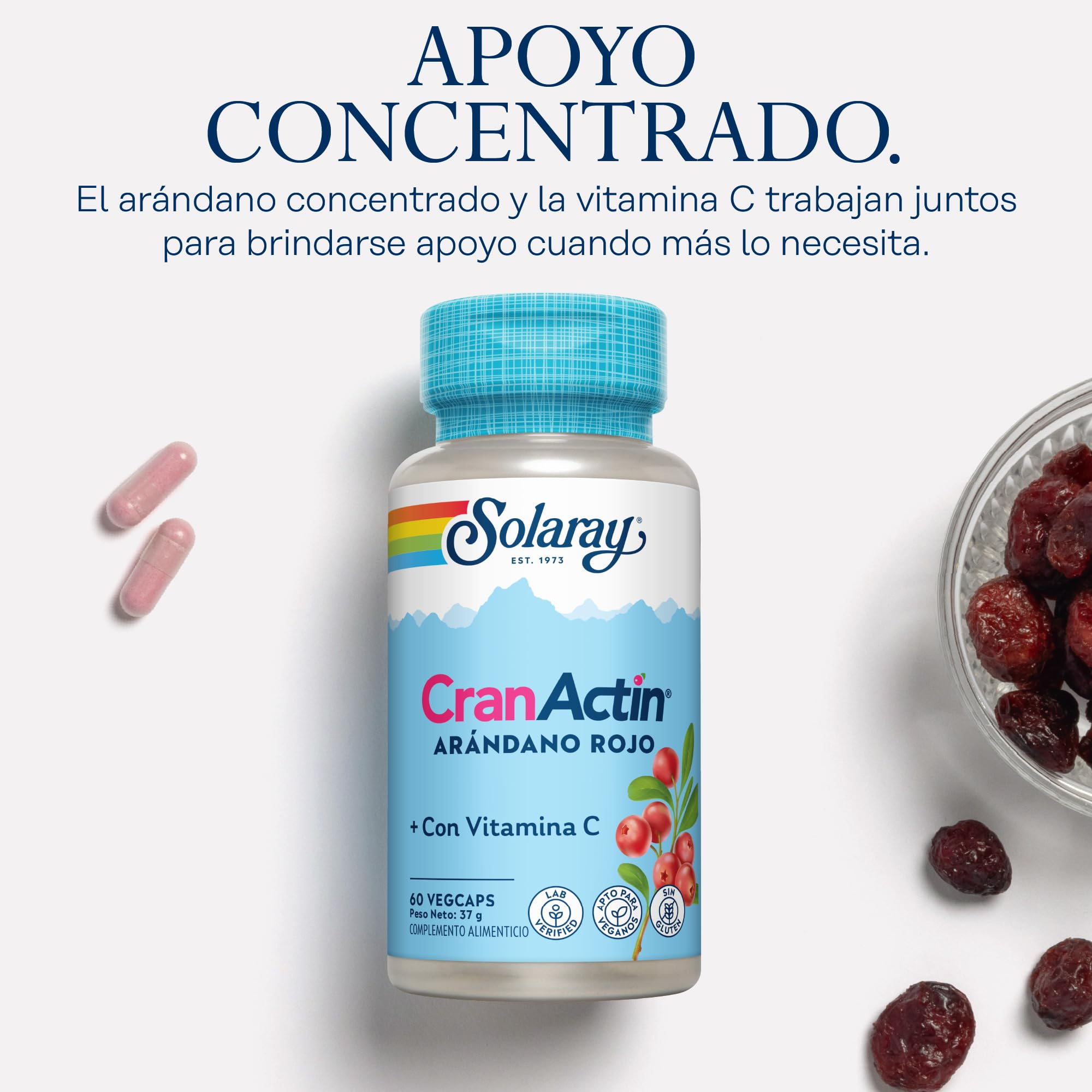 Cranactina arándano con vitamina C, 60 cápsulas veganas, no tabletas, suplemento concentrado de arándano, sin OMG y verificado en laboratorio. Solaray