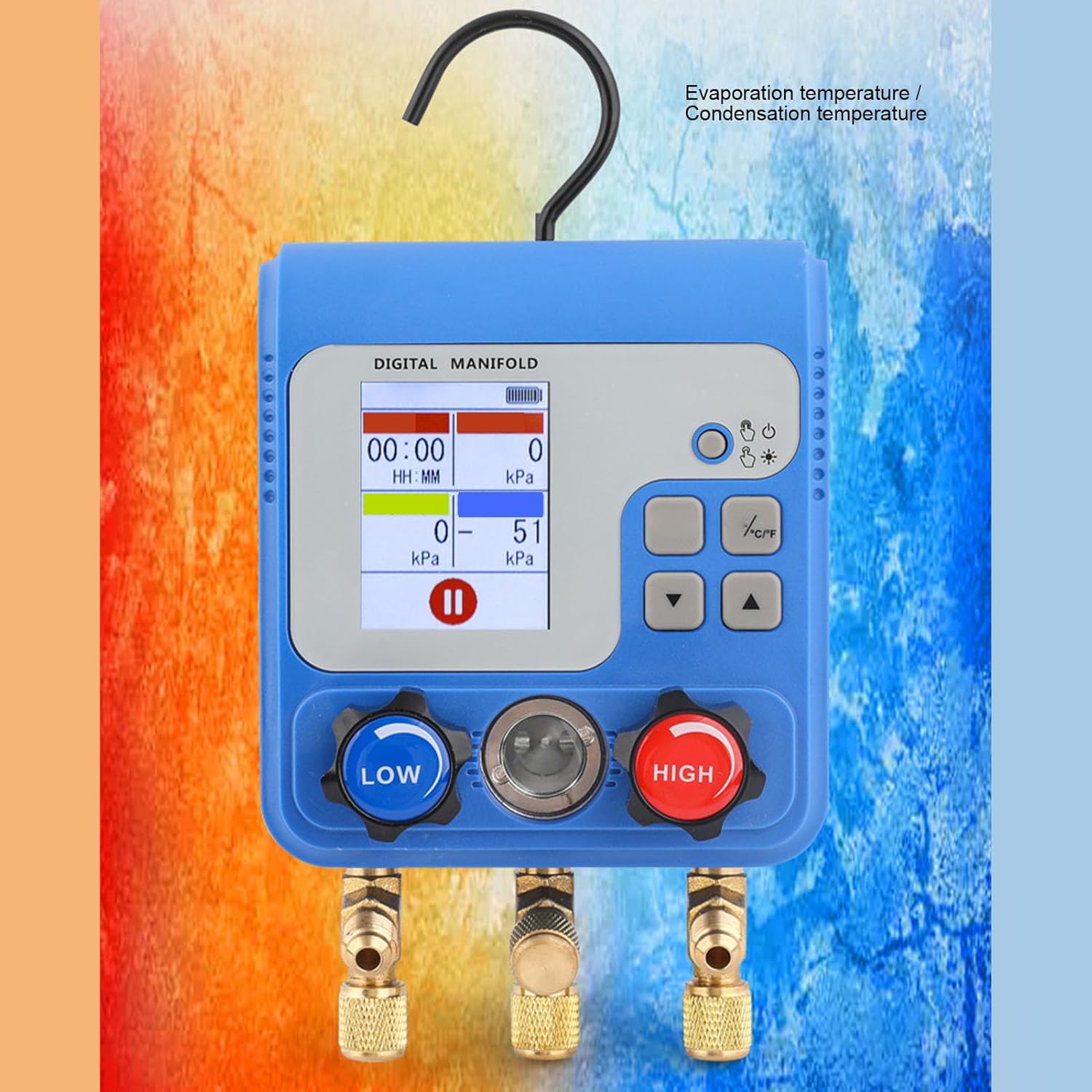 Generic Dual Digital Manifold, HVAC Auto AC Pressure Temperature Test with 3 Port Color Display for 94 Refrigerants R32 R1234yf R410A R134a