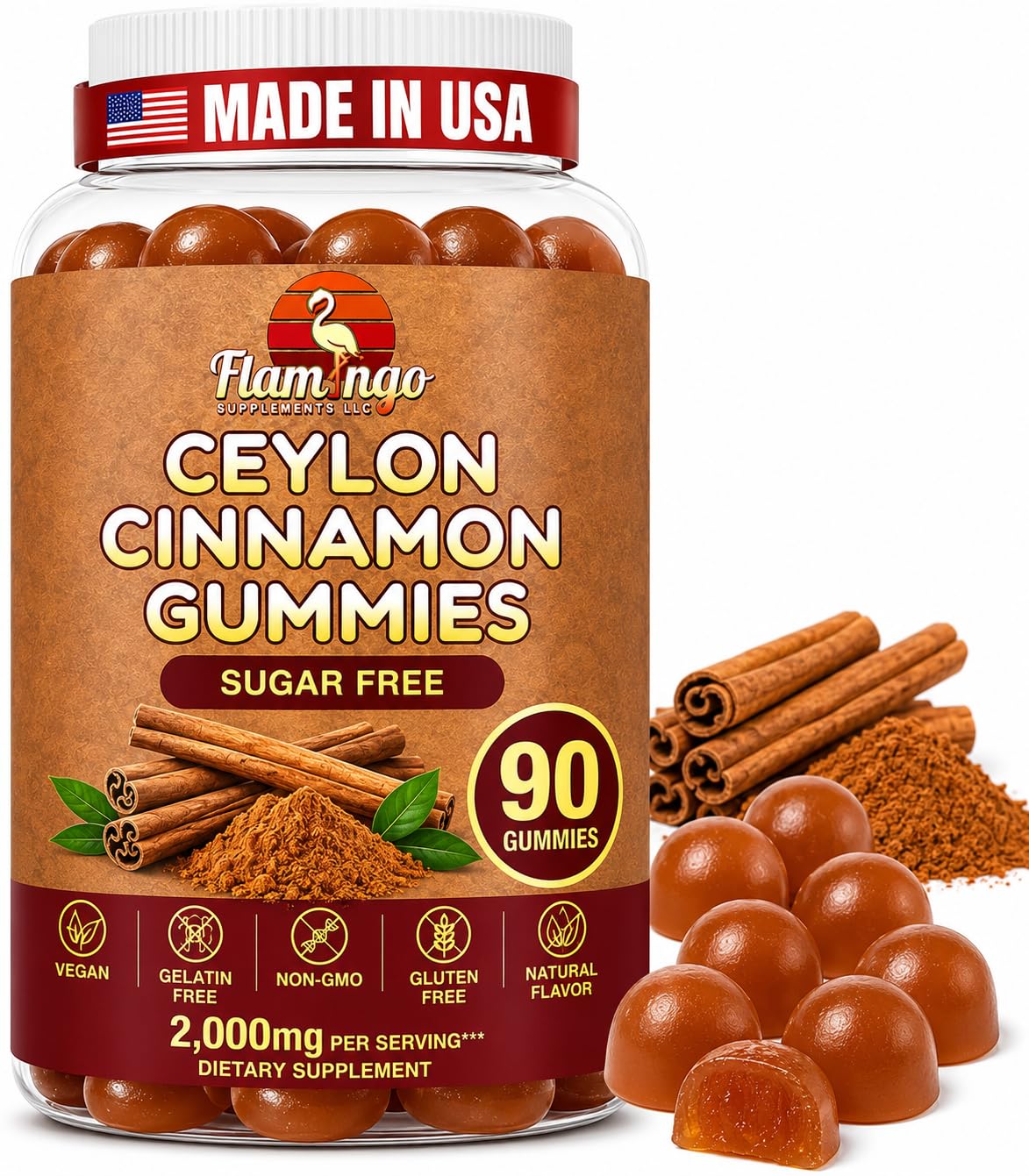 Flamingo Supplements Sugar Free Ceylon Cinnamon Gummies Sugar Regulation, Neuroprotective- Supplement with Chromium and Cinnamon Bark- Alternative to Cinnamon Capsules - 90 Chews