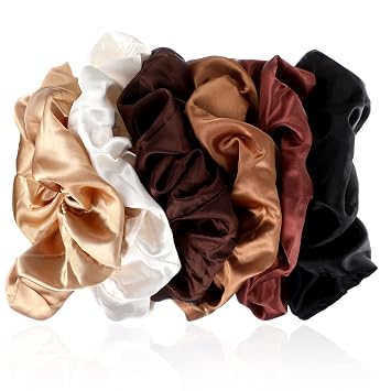 Chuangdi 6 Pieces Big Satin Scrunchies for Women, Jumbo Silk Scrunchies Thick Elastic Jumbo Hair Tie Galentine Valentine's Day Gifts(White, Red Brown, Black, Light Coffee, Dark Coffee, Brown)
