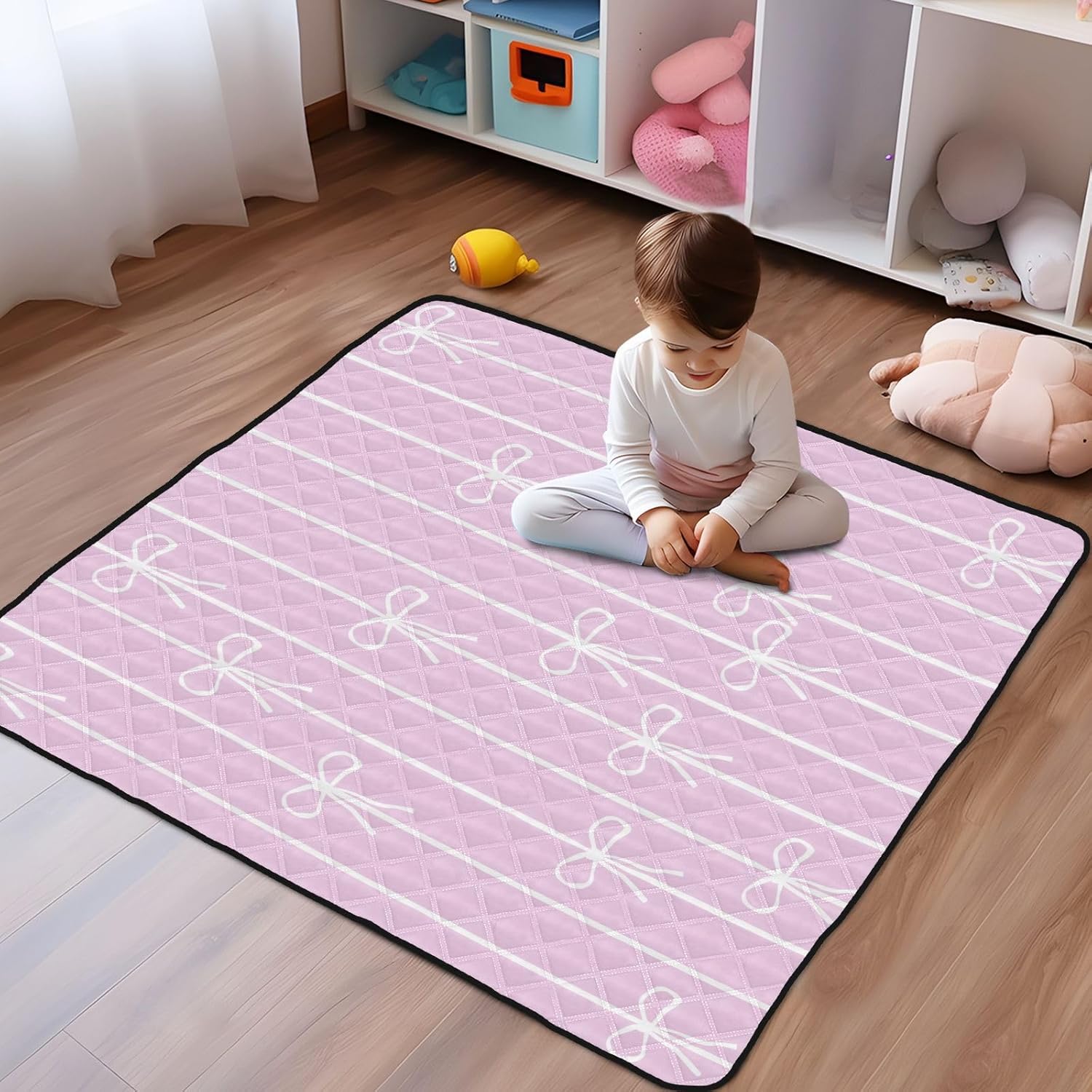 Baby Play Mat Pink White Bows and Stripes 50 x 50 Playpen Mat Baby Play Mats for Floor Play Gym Crawling Mat Non-Slip Cushioned Baby Playmat for Infants, Babies, Toddlers