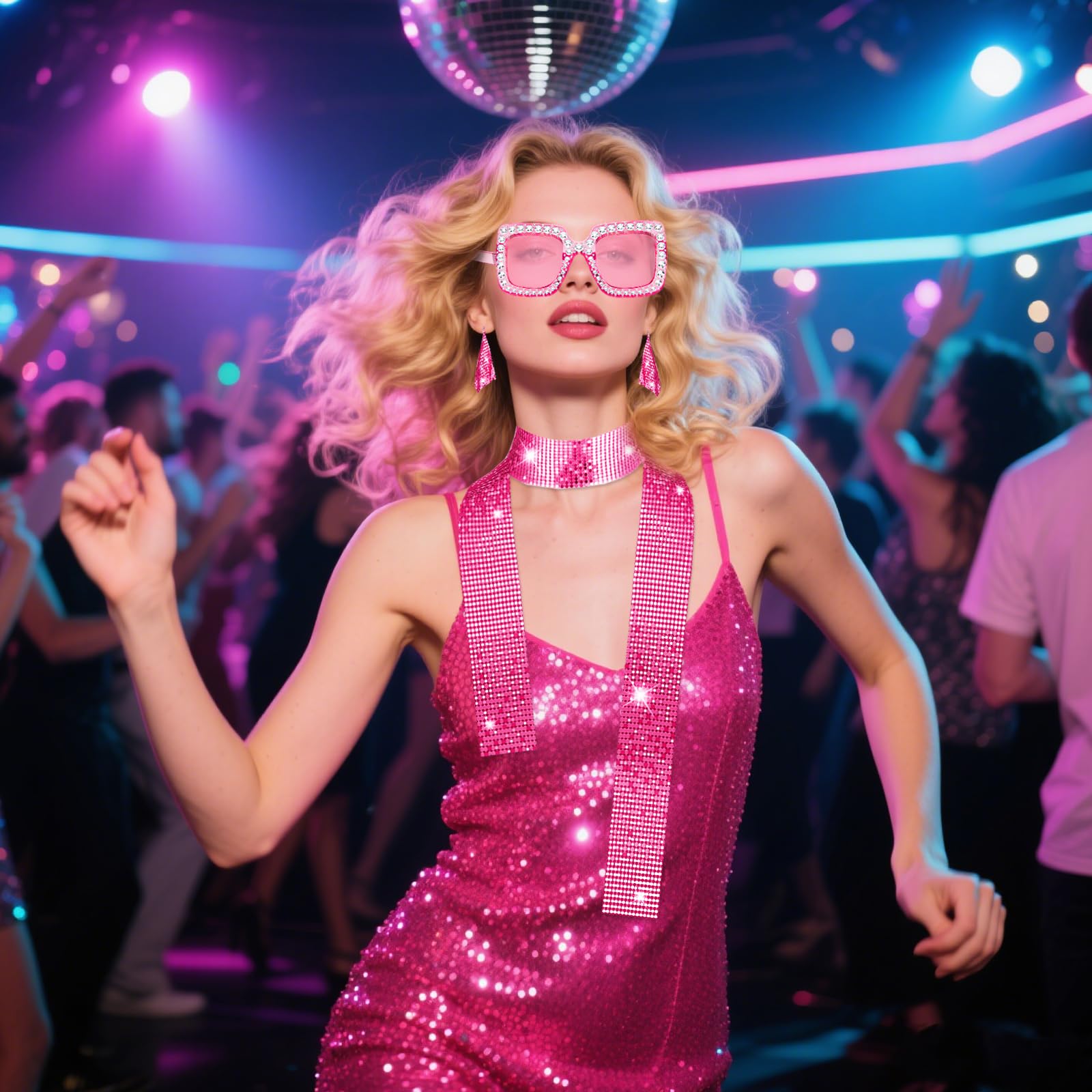 3-częściowy zestaw kostiumów disco z lat 70. dla kobiet, zestaw błyszczących akcesoriów disco z różowymi pajęczynami, słonecznymi okularami i kolczykami na Halloween, karnawał, faszynek