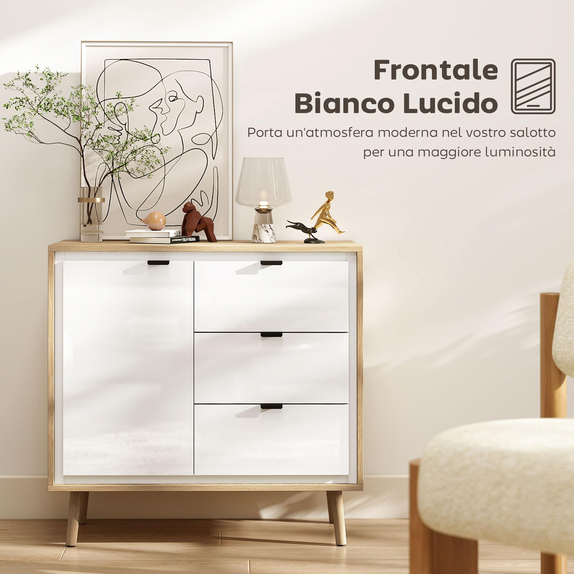 HOMCOM Credenza Cucina con 3 Cassetti e Armadietto, Mobile Cucina Moderno con Ripiano Regolabile, Credenza Buffet per Soggiorno, Sala da Pranzo e Salotto, 80x35x77 cm, Bianco Lucido e Rovere