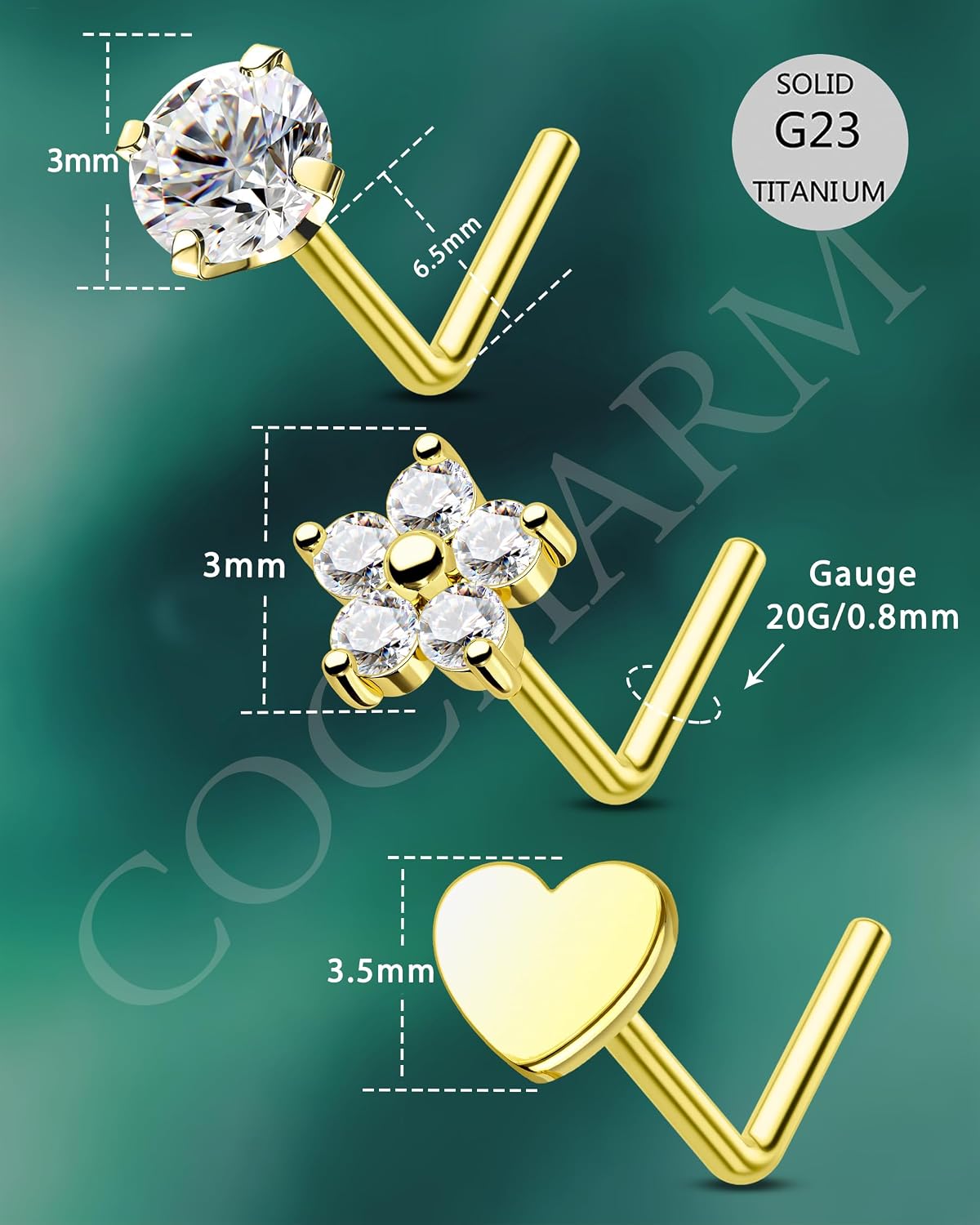 COCHARM 3PCS Titanium Flower Nose Rings Studs 20G, 6.5mm L-Shaped Nose Piercing Jewelry Set - Hypoallergenic Surgical Steel Heart L Bend Nostril Stud for Women Men