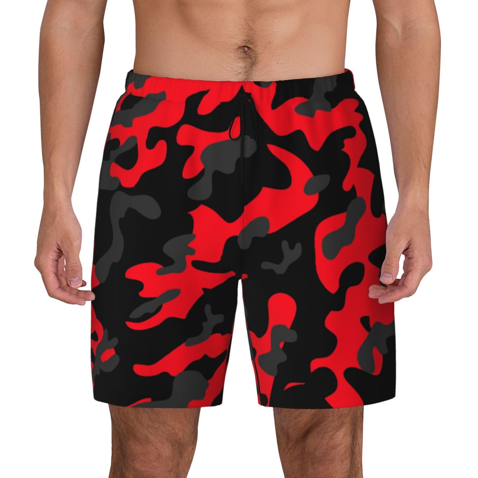 ALLiYa Red Camo Mens Swim Shorts Surfboard Swim Trunks with Compression Liner with Pockets