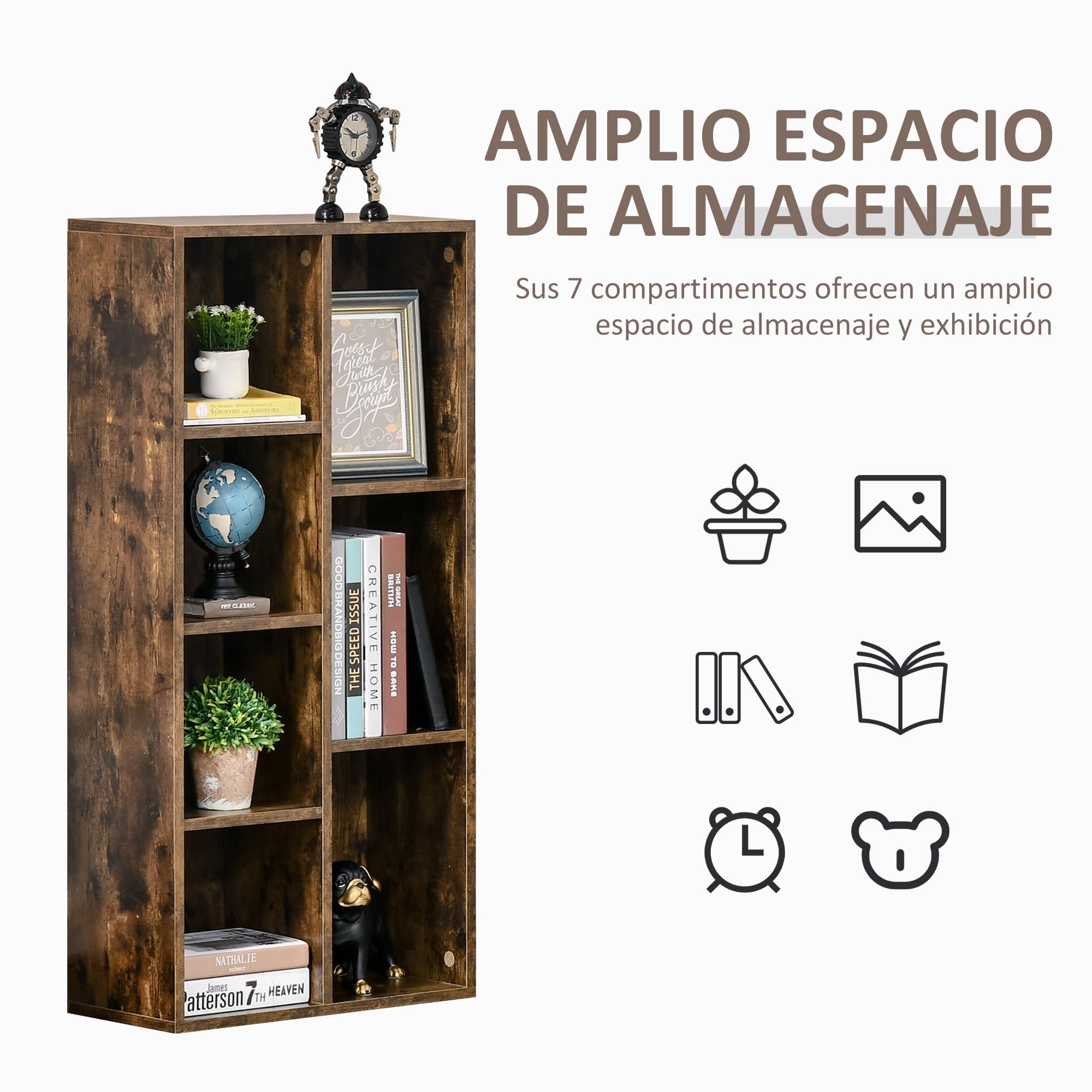 HOMCOM Estantería para Libros Librería de Madera con 7 Compartimentos de Almacenaje Plantas Archivos para Sala de Estar Dormitorio Oficina 50x24x106 cm Marrón Rústico