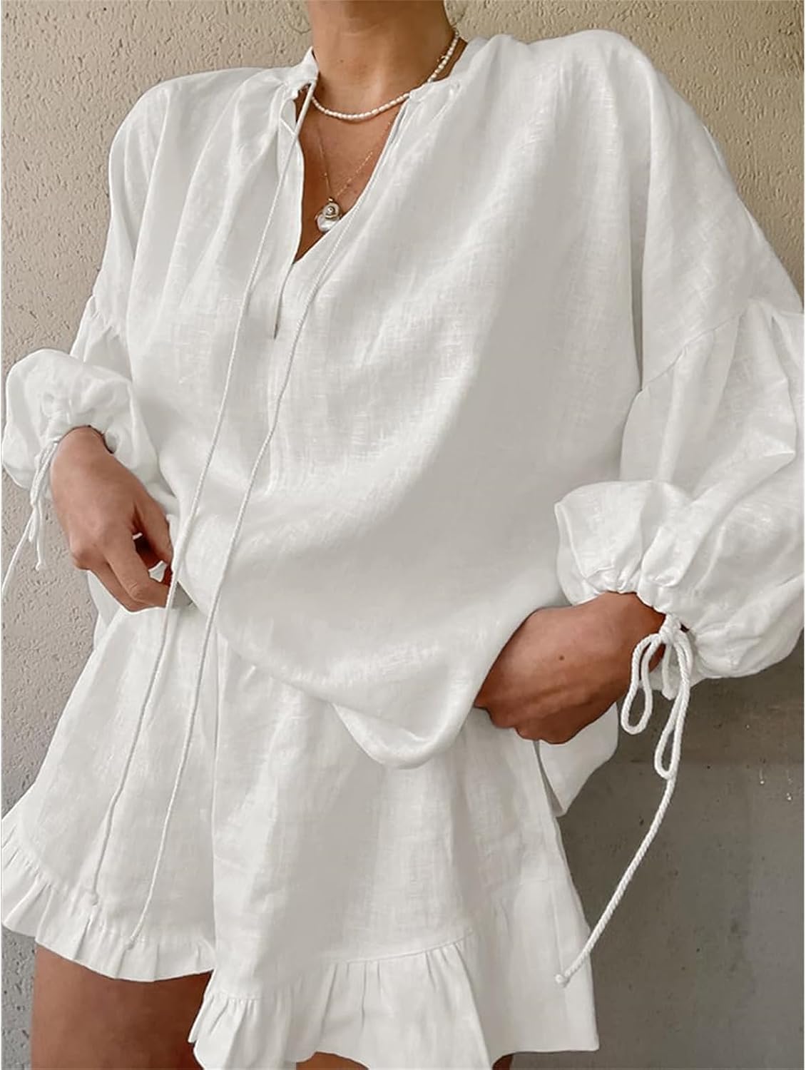 Linen Short Sets for Women Puff Long Sleeve V Neck Front Tie Shirt and Ruffle Boxer Shorts 2 Piece Lounge Sets