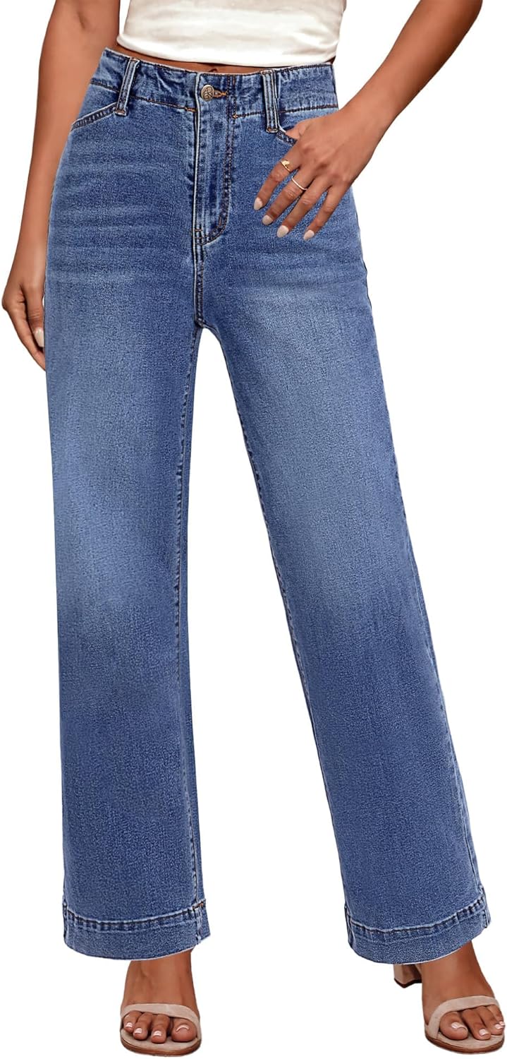 GRAPENT Wide Leg Jeans Woman High Waisted Trendy Stretchy Denim Pants Classic Trouser Jeans with Slash Pockets