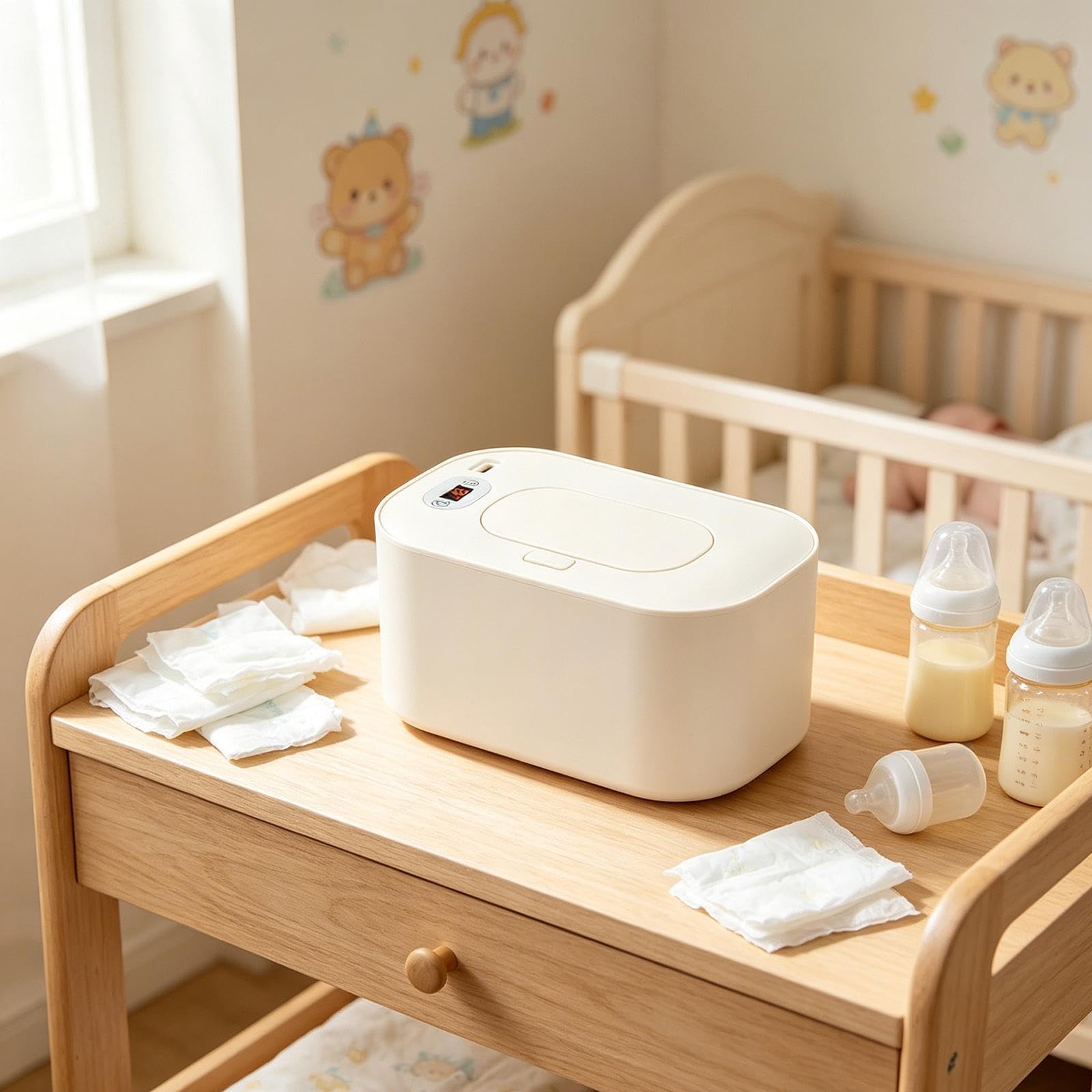 Chauffe-lingettes Portable à Chauffage Rapide et Chargement USB avec Contrôle Intelligent de La Température et Distributeur de Lingettes Humides pour, Écran White Tem