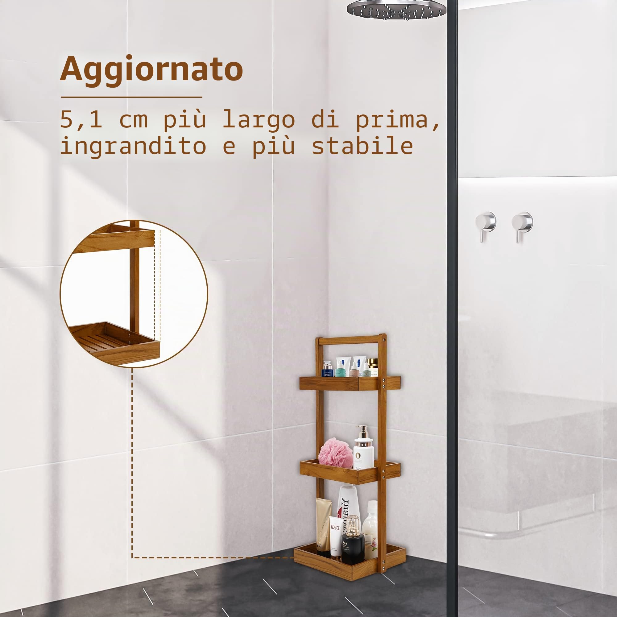 Utoplike Mensola portaoggetti da doccia in teak, con manico | Organizer per doccia in piedi per angolo del bagno,per doccia interna, bagno, ufficio, stand up a 3 livelli per cucina