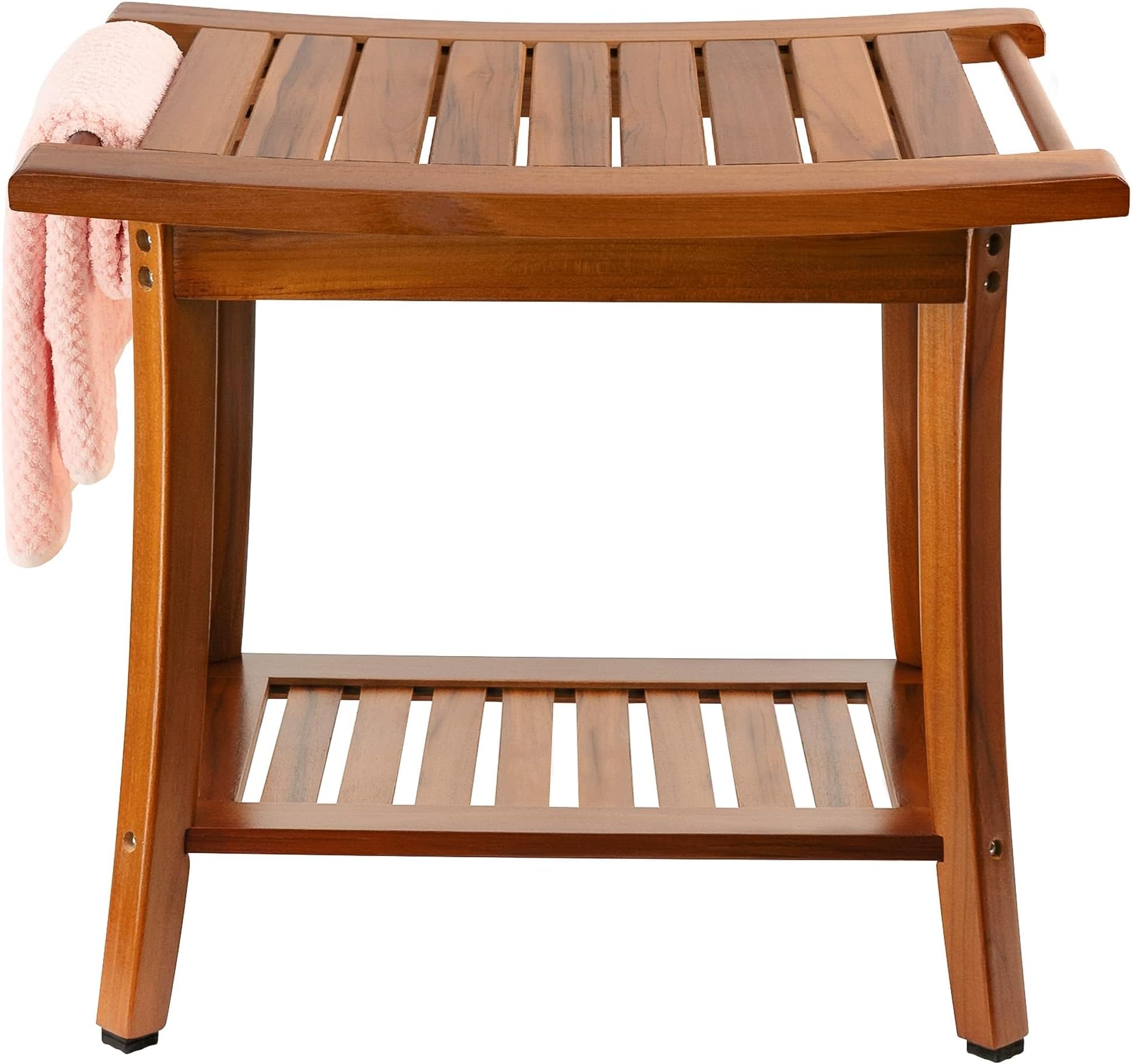Utoplike Teak Shower Bench Seat with Handles, Wooden Spa Bathing Stool with Storage Shelf, 2-Tier Large Waterproof Chair for Bathroom and Bedroom, Livingroom Use