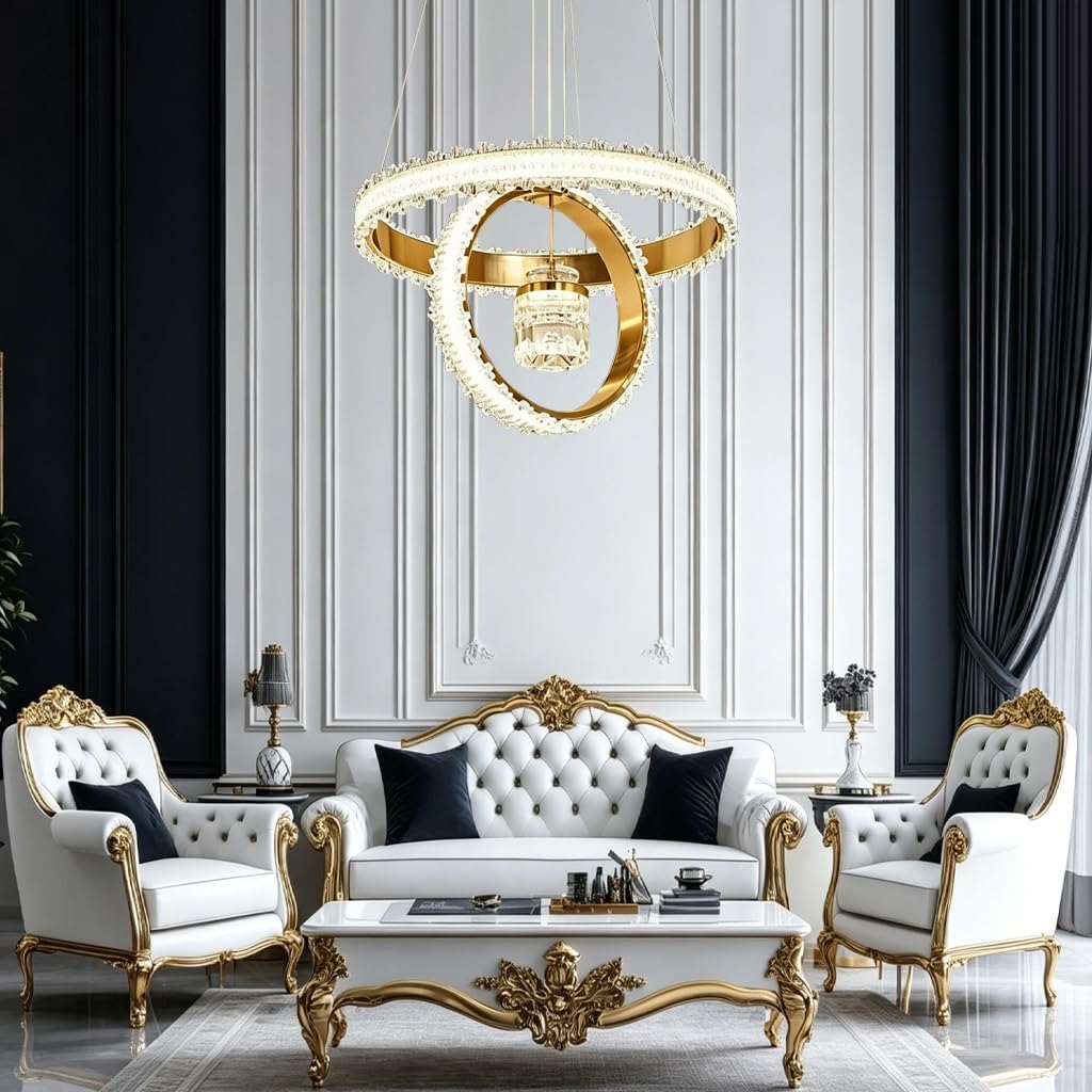 Lampa Kryształowa Nowoczesna Lampa Wisząca LED O Dwupierścieniowym Wzorze Regulowana Wysokością 50 Cm Oświetlenie Ściemnialne W Trzech Kolorach Odpowiednia Do Salonu Jadalni I Sypialni