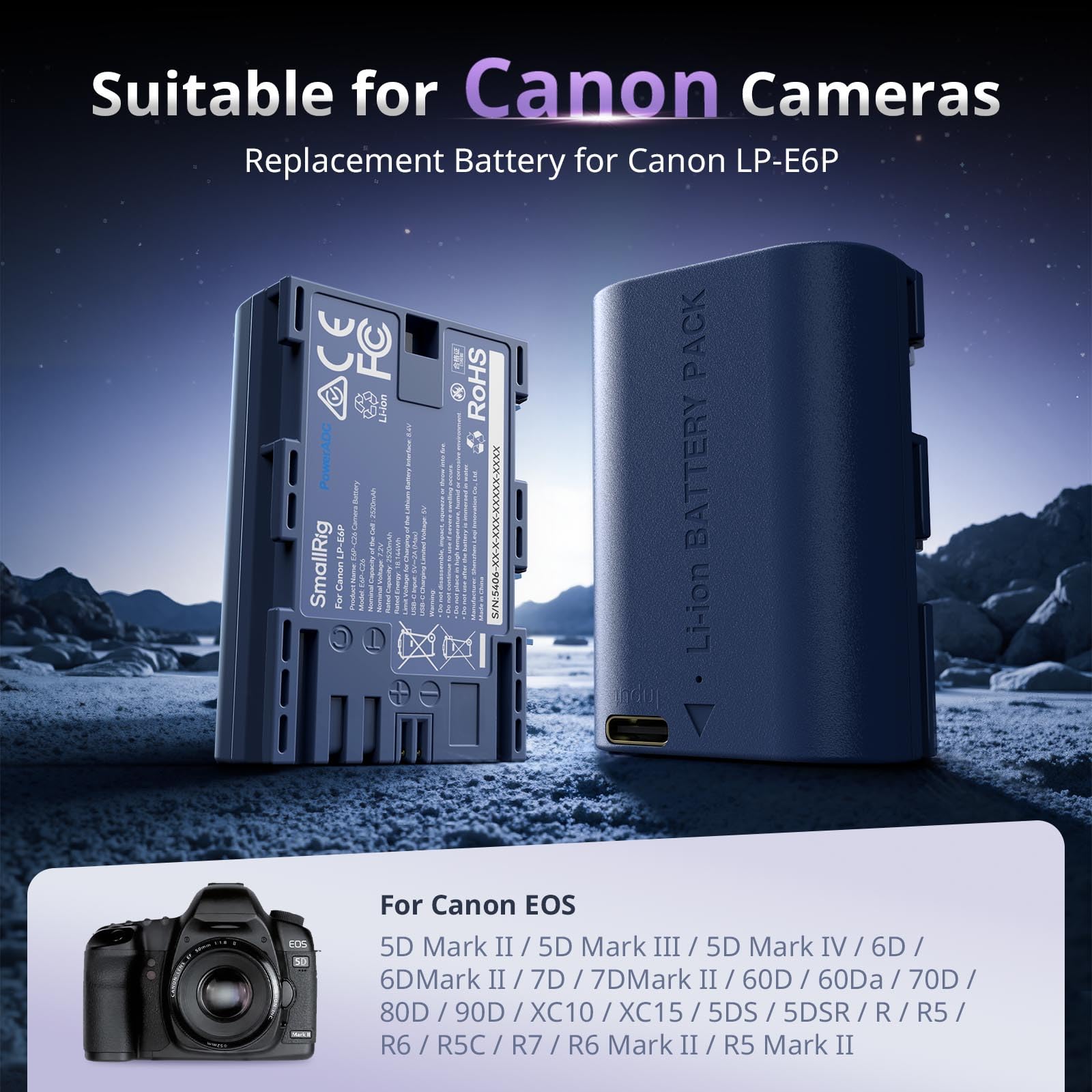 SMALLRIG LP-E6P Batterie, 2520 mAh Batterie USB-C de Remplacement pour Canon EOS R5 Mark II, R6 Mark II R5, R6, R7, 5D Mark II, 5D Mark IV, 60D, 70D, 80D, 90D, Charge Rapide complète en 2,5 h - 5406