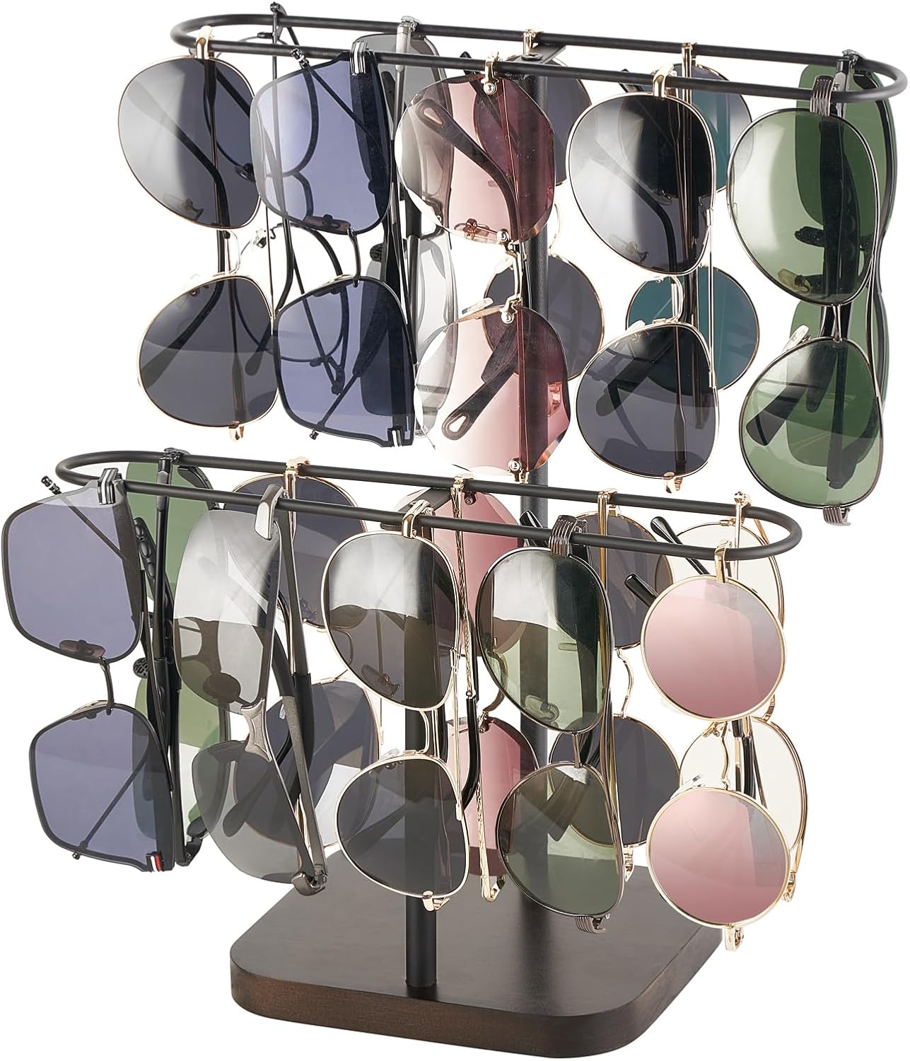 Mkono Sunglasses Organizer Glasses Holder Stand for 24 Pairs of Eyewear, 2 Tier Sunglass Storage Eyeglasses Display Rack Metal Frame with Wood Base for Table Desk Countertop Dresser Bedroom, Black