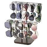 Mkono Sunglasses Organizer Glasses Holder Stand for 24 Pairs of Eyewear, 2 Tier Sunglass Storage Eyeglasses Display Rack Metal Frame with Wood Base for Table Desk Countertop Dresser Bedroom, Black