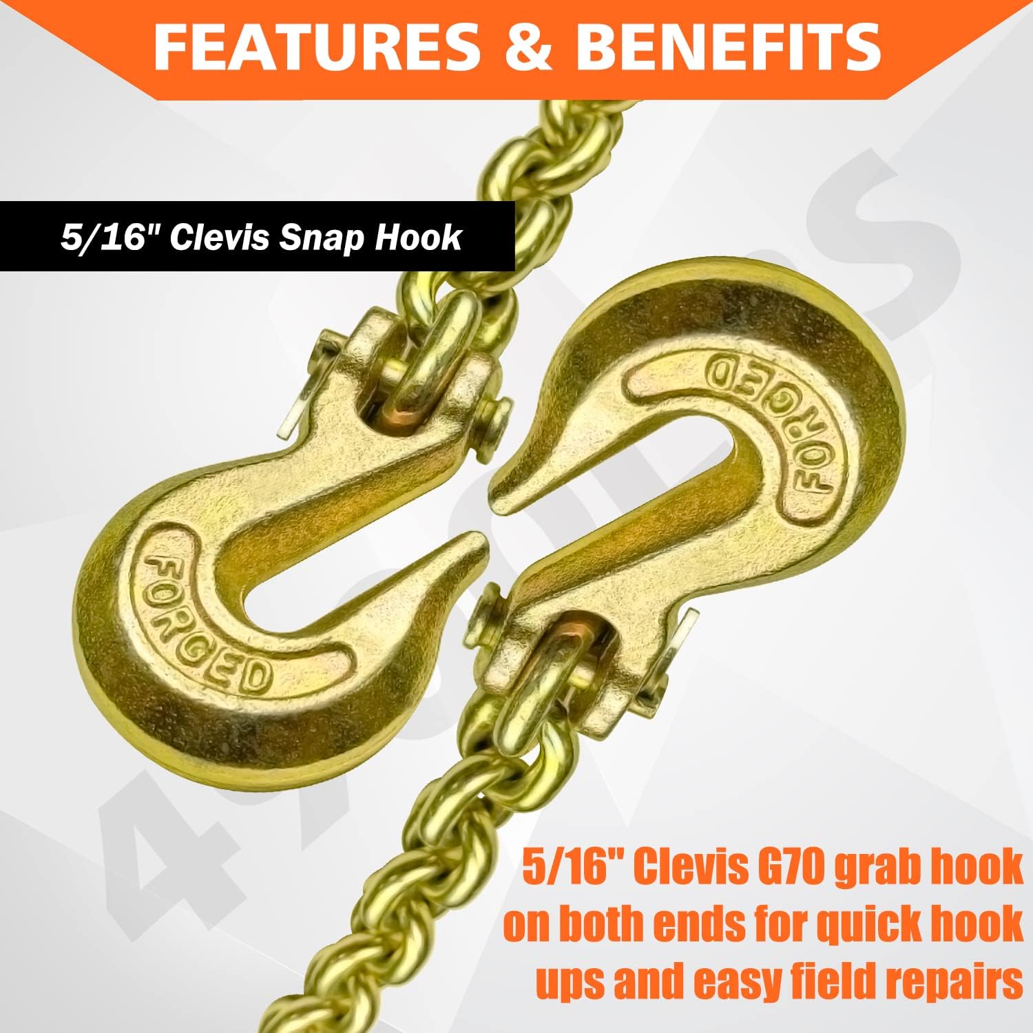 YATOINTO G80 Transport Binder Chain 5/16 Inch x 18 Foot with 2 Clevis Grab Hooks & 2 Added Clevis Snap Hook, 4,900 lbs SWL, Heavy-Duty Logging Chain for Transporting, Towing, Tie Down