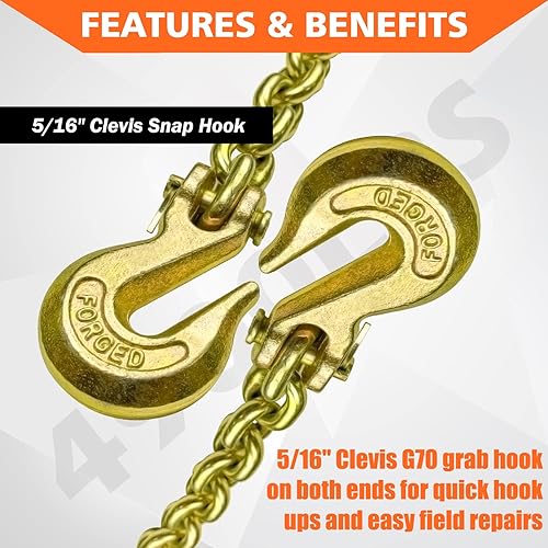Miniatura 63 de G80 - Cadena de transporte de 3/8 pulgadas x 25 pies de seguridad/carpeta con ganchos de agarre de horquilla 7,100 libras, cadena de registro