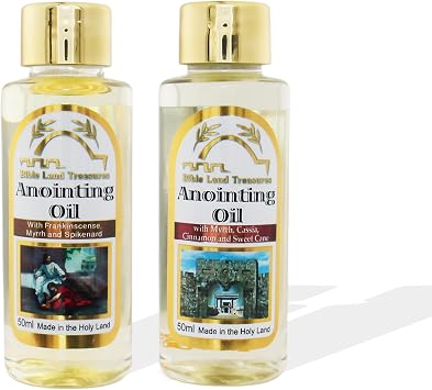 Bible Land Treasures Anointing Oil 2-Pack Bottles Set - Jeruslem of Gold -Frankincense, Myrrh & Spikenard & Temple - 50ml Each 1.69 fl oz Biblical Scents for Prayer & Worship from The Holy Land