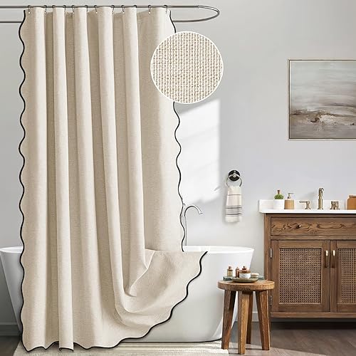 Miniatura 1 de MIULEE - Cortina de baño extralarga de 84 pulgadas con borde festoneado, textura de lino, 12 ganchos metálicos, resistente, lavable e impermeable