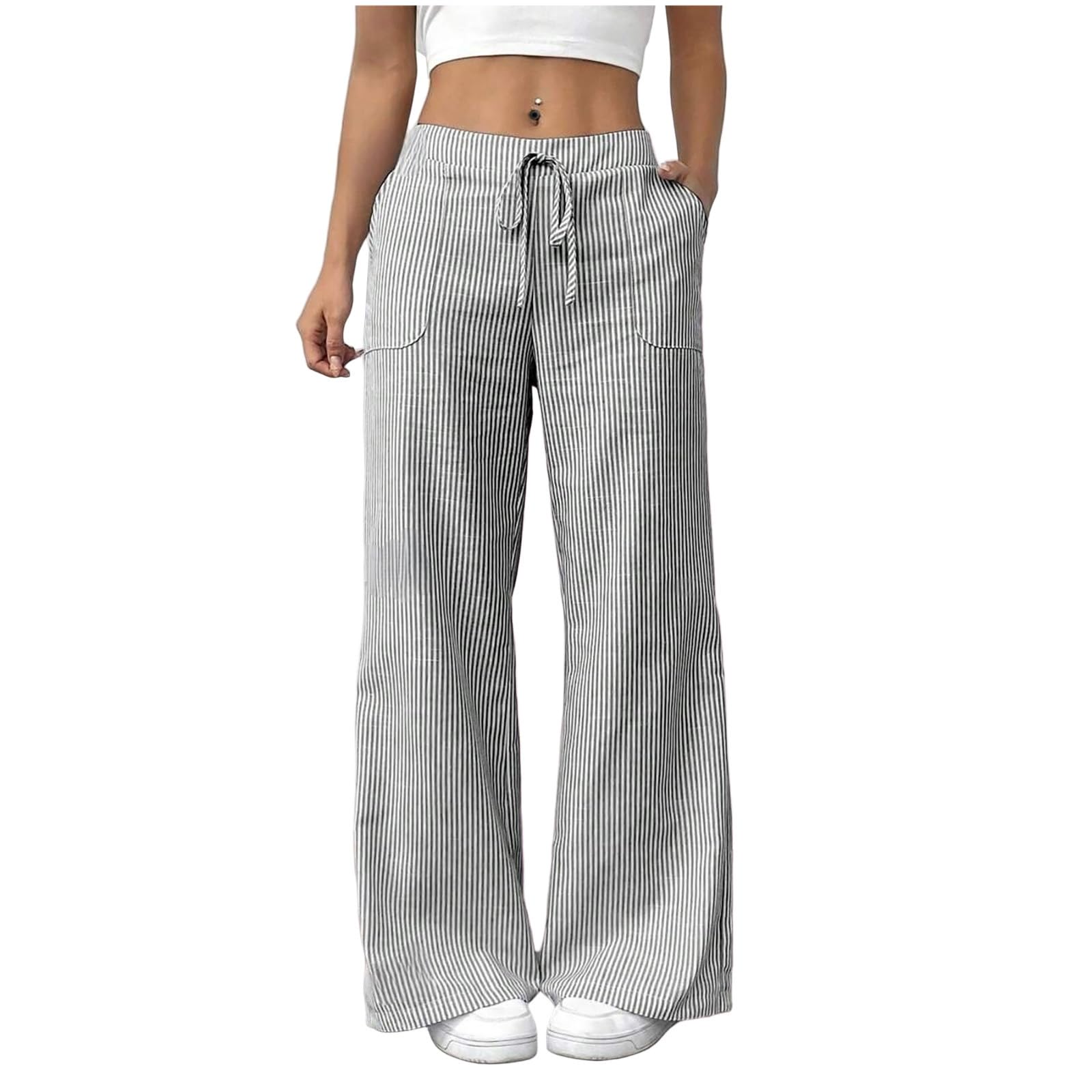 Sommerhose Damen Leicht Gestreift Palazzo Hose Lang Weites Bein Freizeithose Elastische Taille Lounge Hose mit Taschen