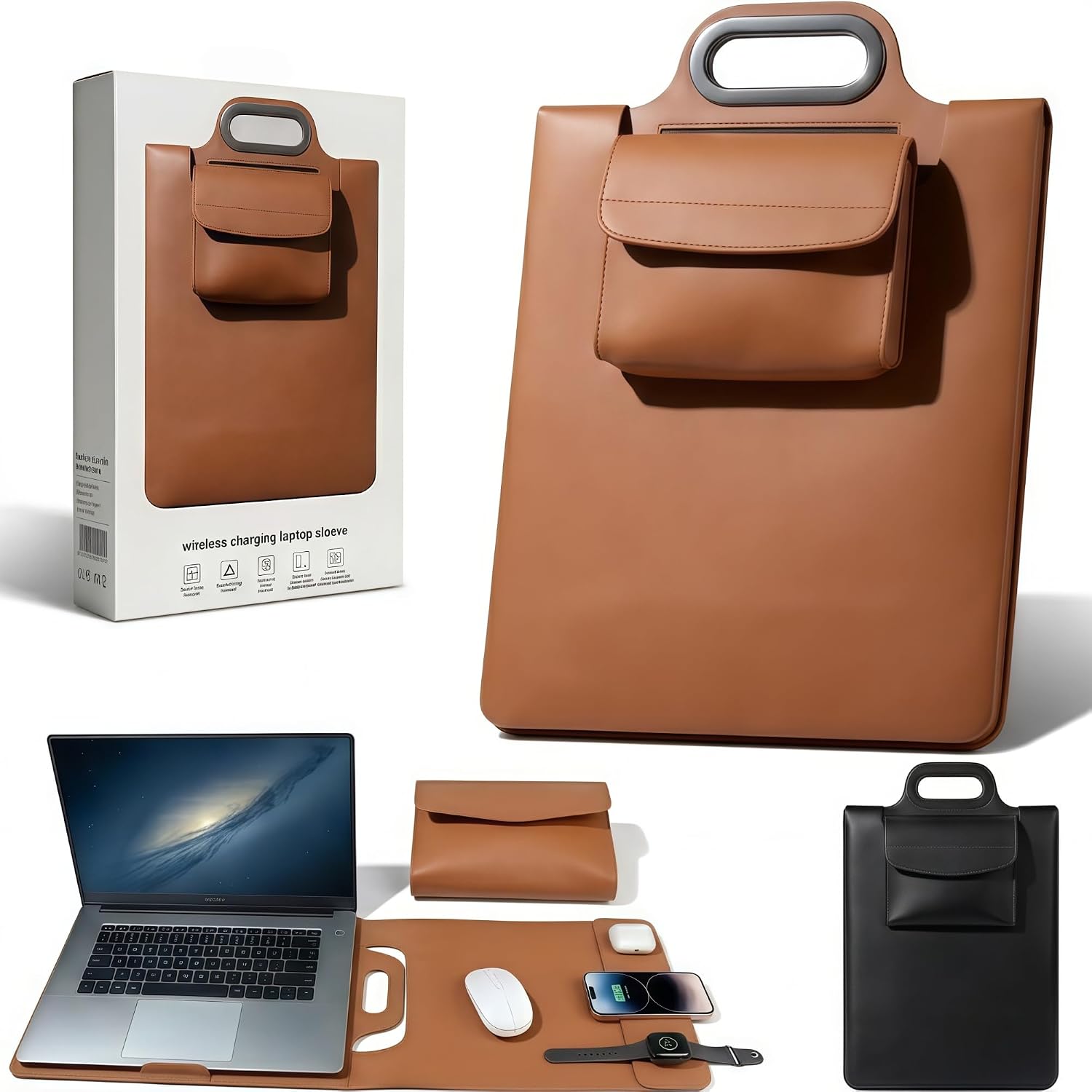 Wireless Charging Laptop Bag, Mobile Workstation Sleeve with Stand (Brown,2in1)