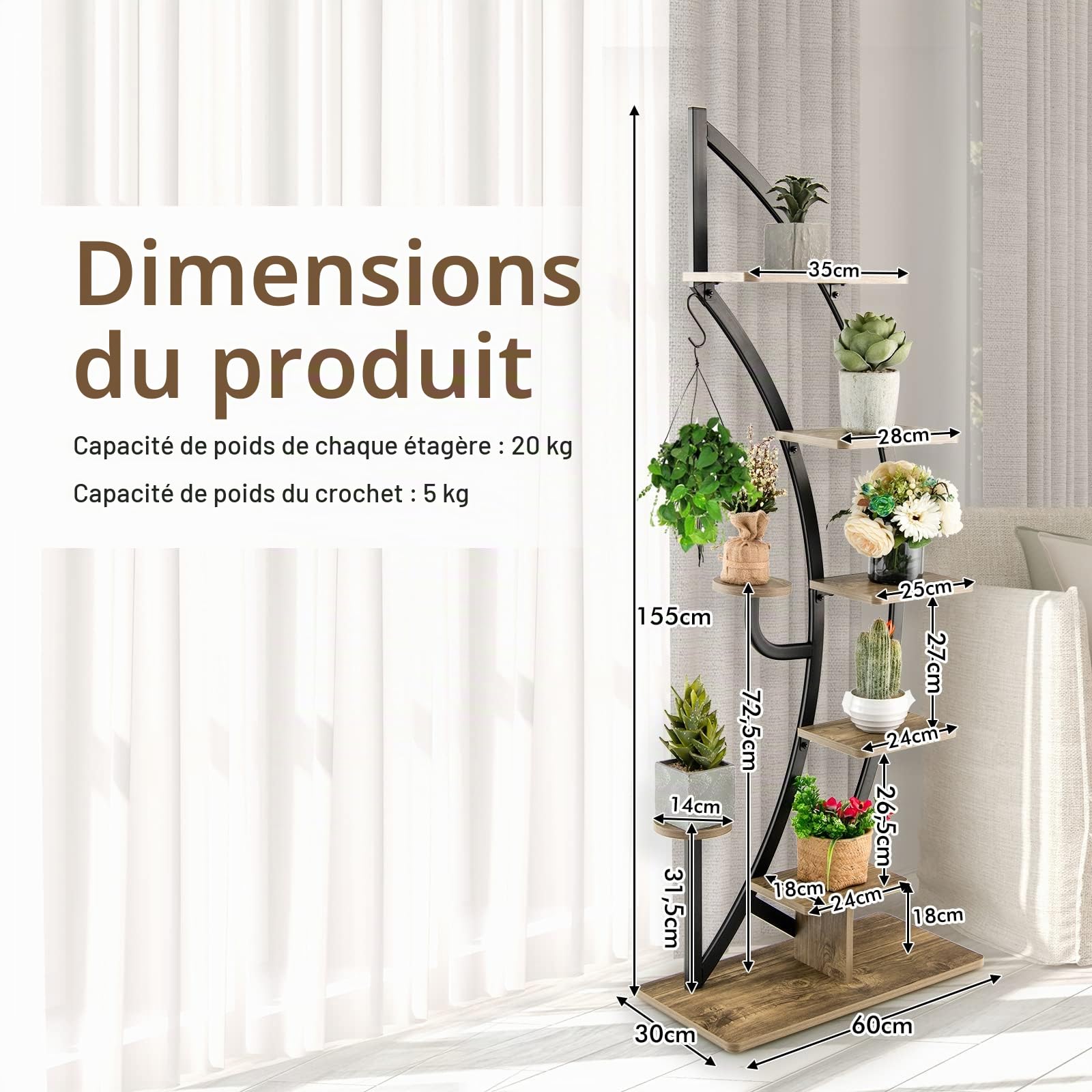 KOMFOTTEU Support Plantes 7 Niveaux, Intérieur & Extérieur, 2, Noir