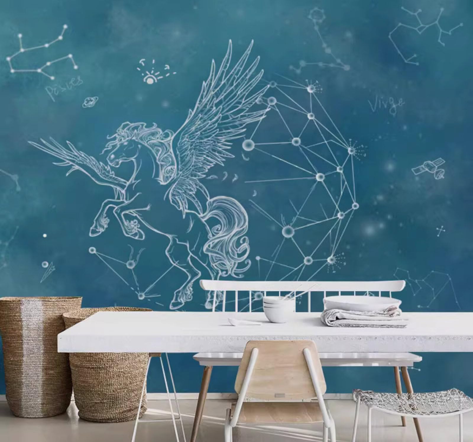 Hand Drawn Art Creative Starry Sky Horse 3D Wallpaper Easy Install Feature Office Living Room Sofa Bedroom TV Background Wall Decoration-400cm×280cm