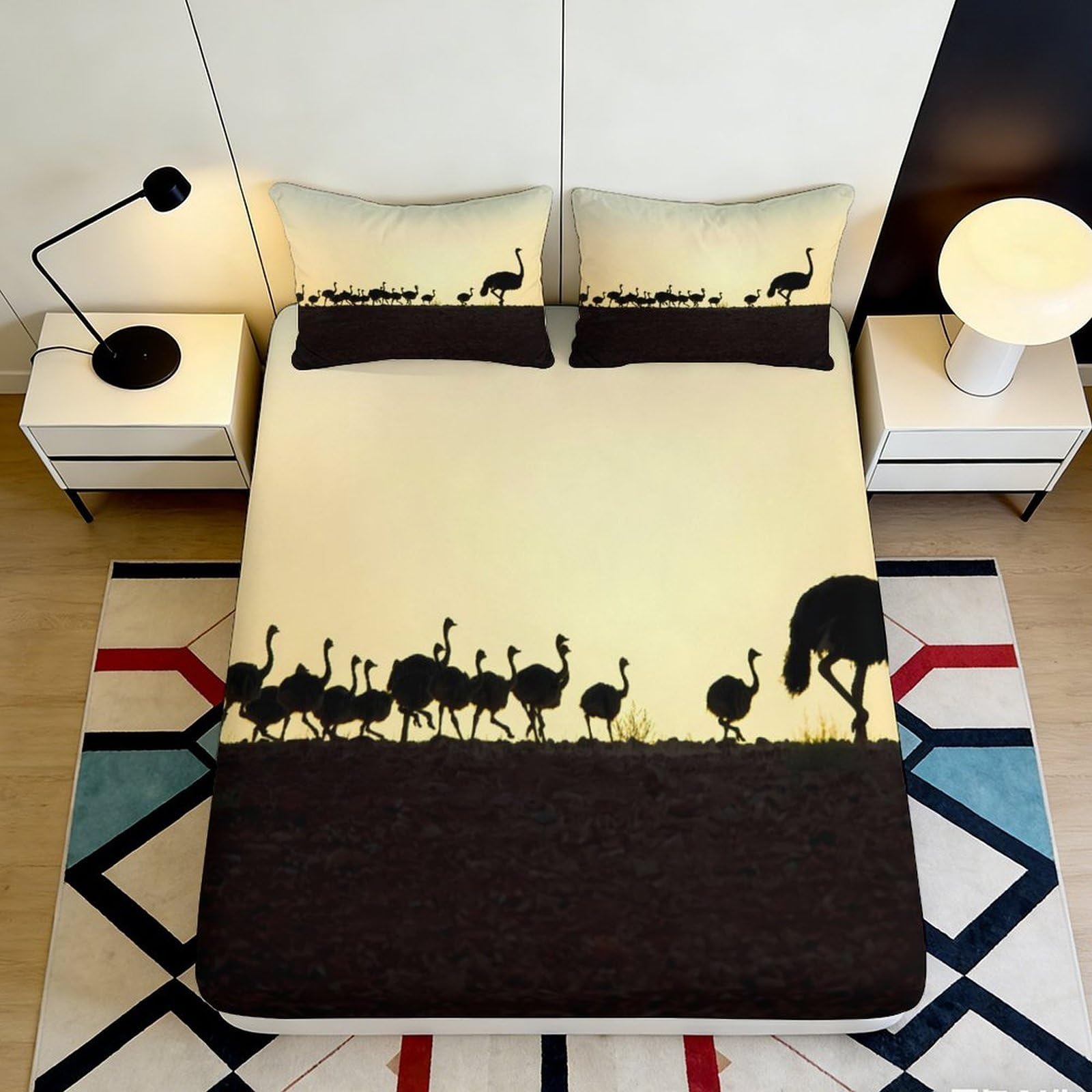 3D Printed Savanna Sunrise Fitted Sheet Microfiber Soft Breathable Elephant Silhouette Bed Cover for Bedroom Dorm Decor 90x200x25cm