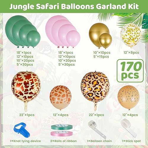 Miniatura 6 de Kit de arco de globos de safari en la selva, 170 piezas, decoraciones de safari para baby shower para niños y niñas, kit de arco de globos rosa y