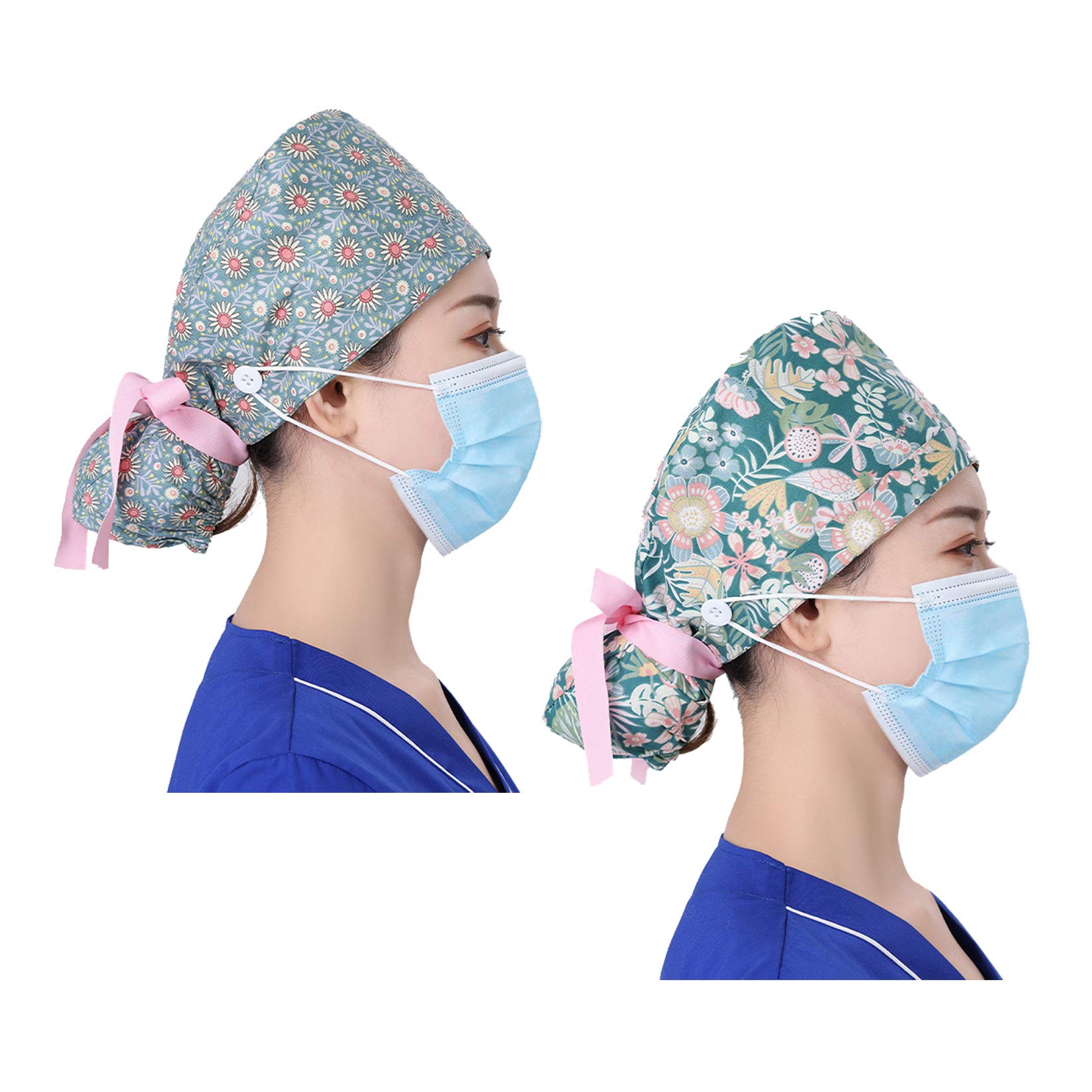 ba knife 2 Pcs Long Hair Working Caps with Button and Sweatband, Adjustable Cotton Ponytail Hats for Women