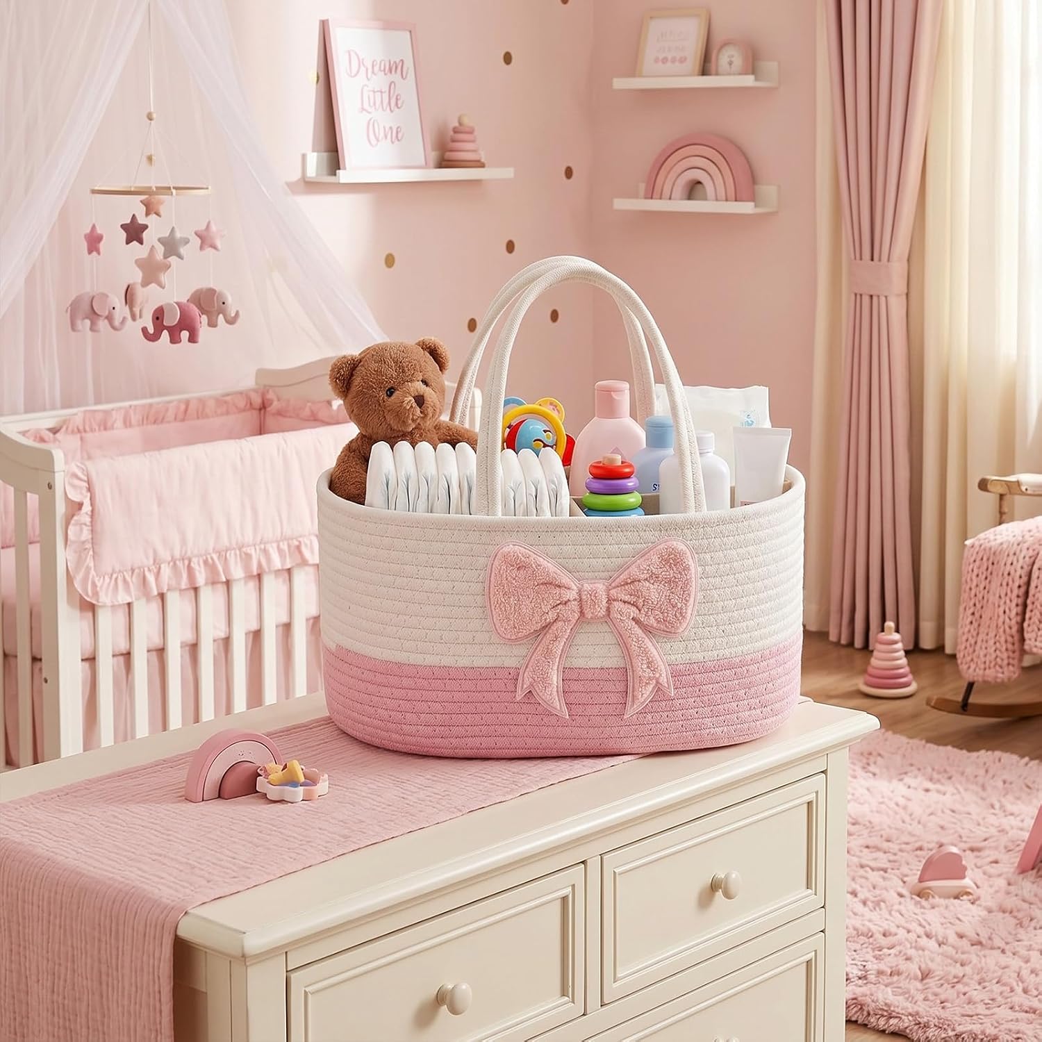Diaper Caddy Organizer Cotton Rope Diaper Caddy Basket Pink Bow Empty Gift Basket Nursery Storage Bin and Car Organizer with Removable Divider Baby Shower Gifts Newborn Essentials