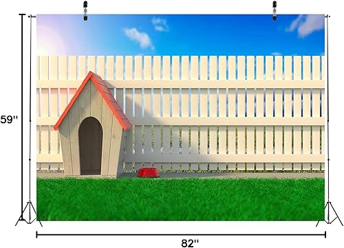 Miniatura 8 de BELECO Telón de fondo de tela de 7 x 5 pies para jardín, casa de perro para fotografía, cabaña de madera, casa de perro con techo rojo, hierba