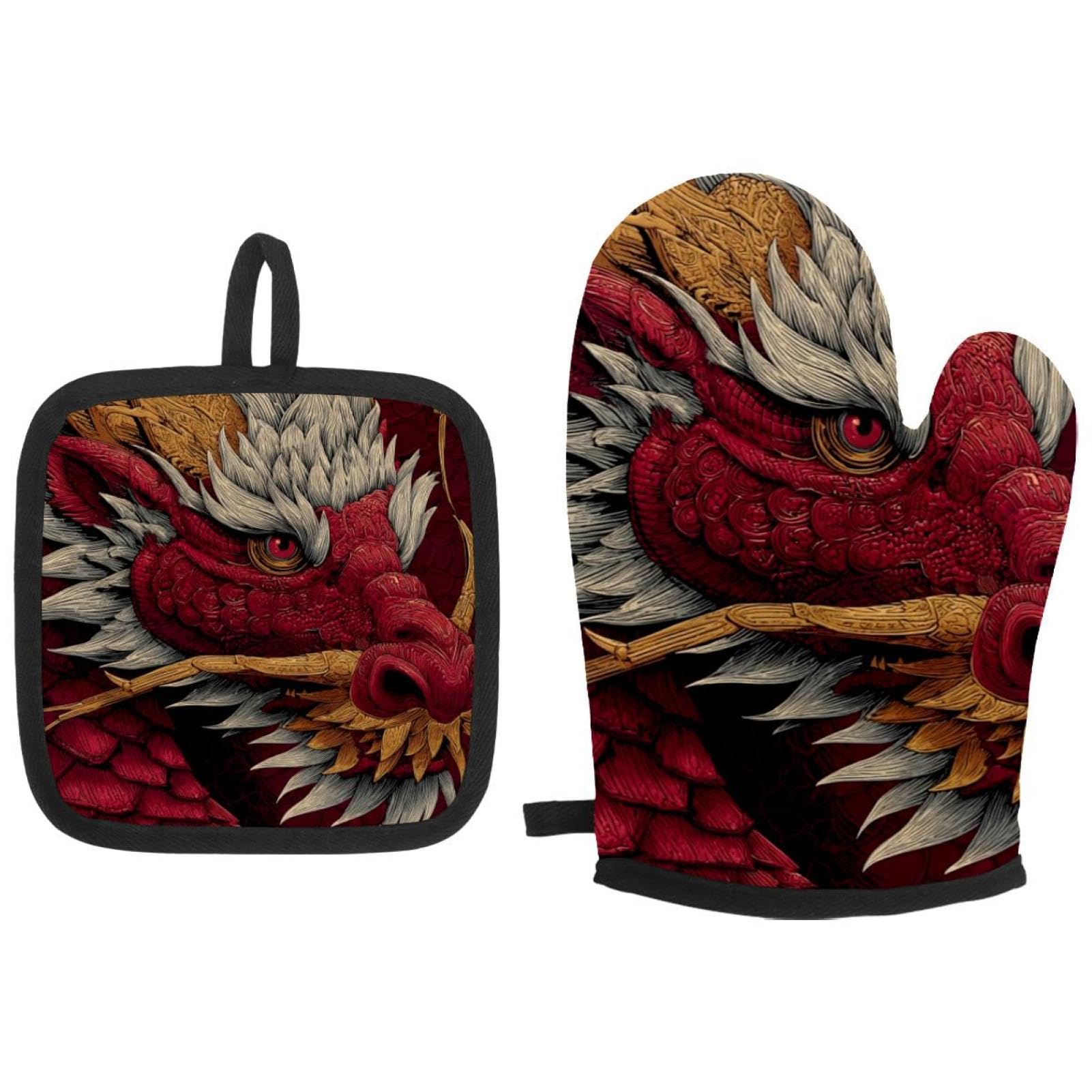 Maniques de cuisine résistantes à la chaleur rouge motif dragon pour four