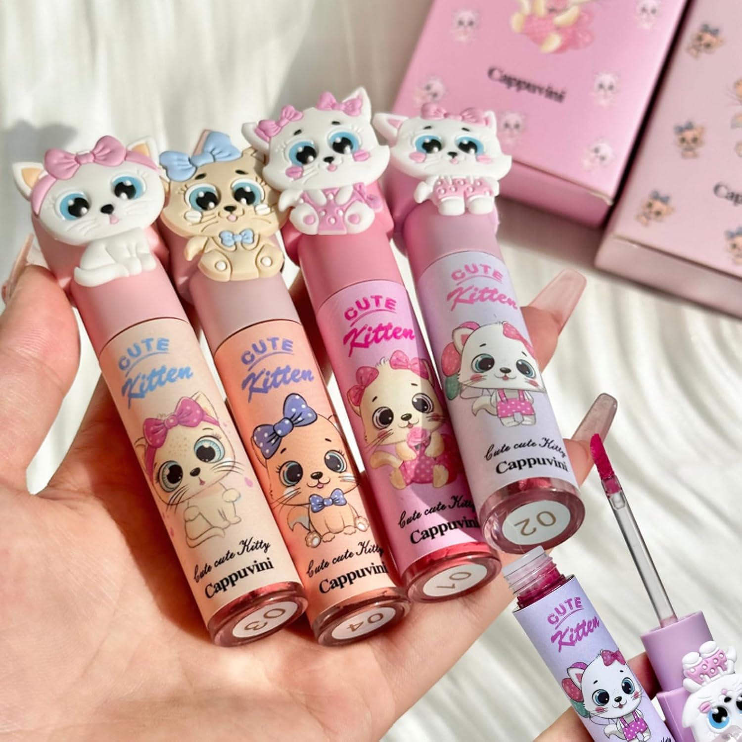 Cappuvini Cute Kitten Honey Soft Lip Mud | Liquid Lipstick with Matte Finish | Featherlight Breathable Lips Color | Clean Girl & Y2K Style Beauty Product | Pink & Peach Color Options | Cute Pastel Kitten Character Cap Design | Fade-Resistant Comfortable Wear | Smooth Gliding Lip Mud for women (04# Milky, 2.5g)-image-36