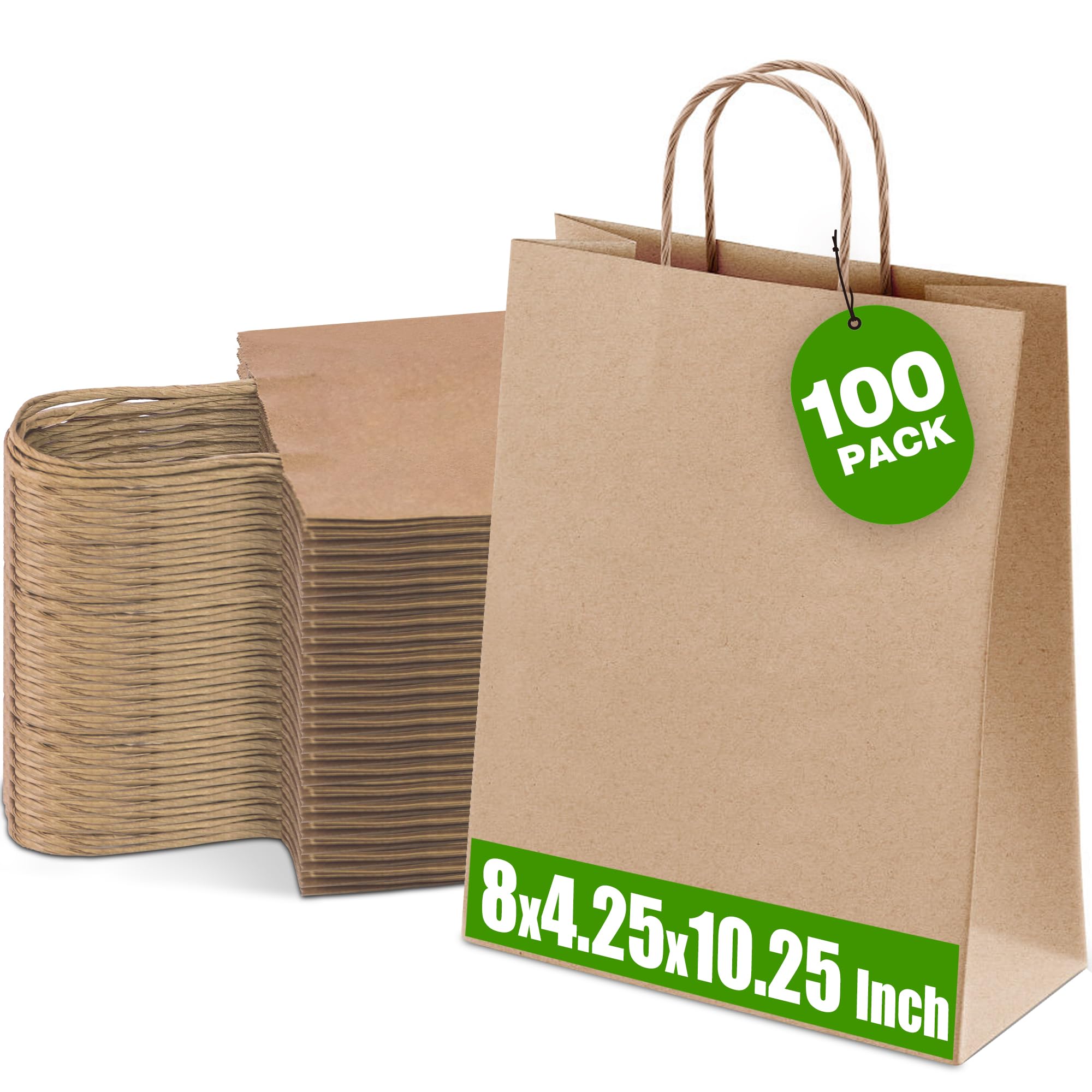 Ginkgo 100 Pcs Paper Gift Bags with Handles, Medium Size Brown Paper Bags 8x4.25x10.25 Inch, Kraft Bag Bulk for Party, Favor, Holiday, Goodie, Grocery