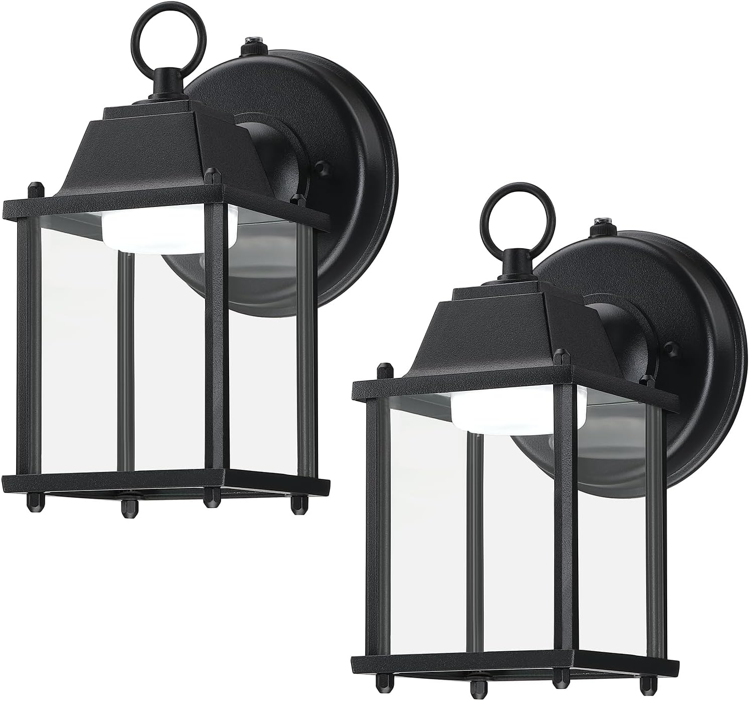 LIT-PaTH Dusk to Dawn Outdoor Wall Lantern, LED Wall Sconce, 5000K Daylight White, 9.5W, 800 Lumen, Aluminum Housing Plus Glass, Outdoor Rated, 2-Pack, Black