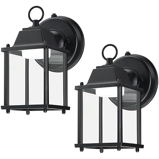 LIT-PaTH Dusk to Dawn Outdoor Wall Lantern, LED Wall Sconce, 5000K Daylight White, 9.5W, 800 Lumen, Aluminum Housing Plus Glass, Outdoor Rated, 2-Pack, Black