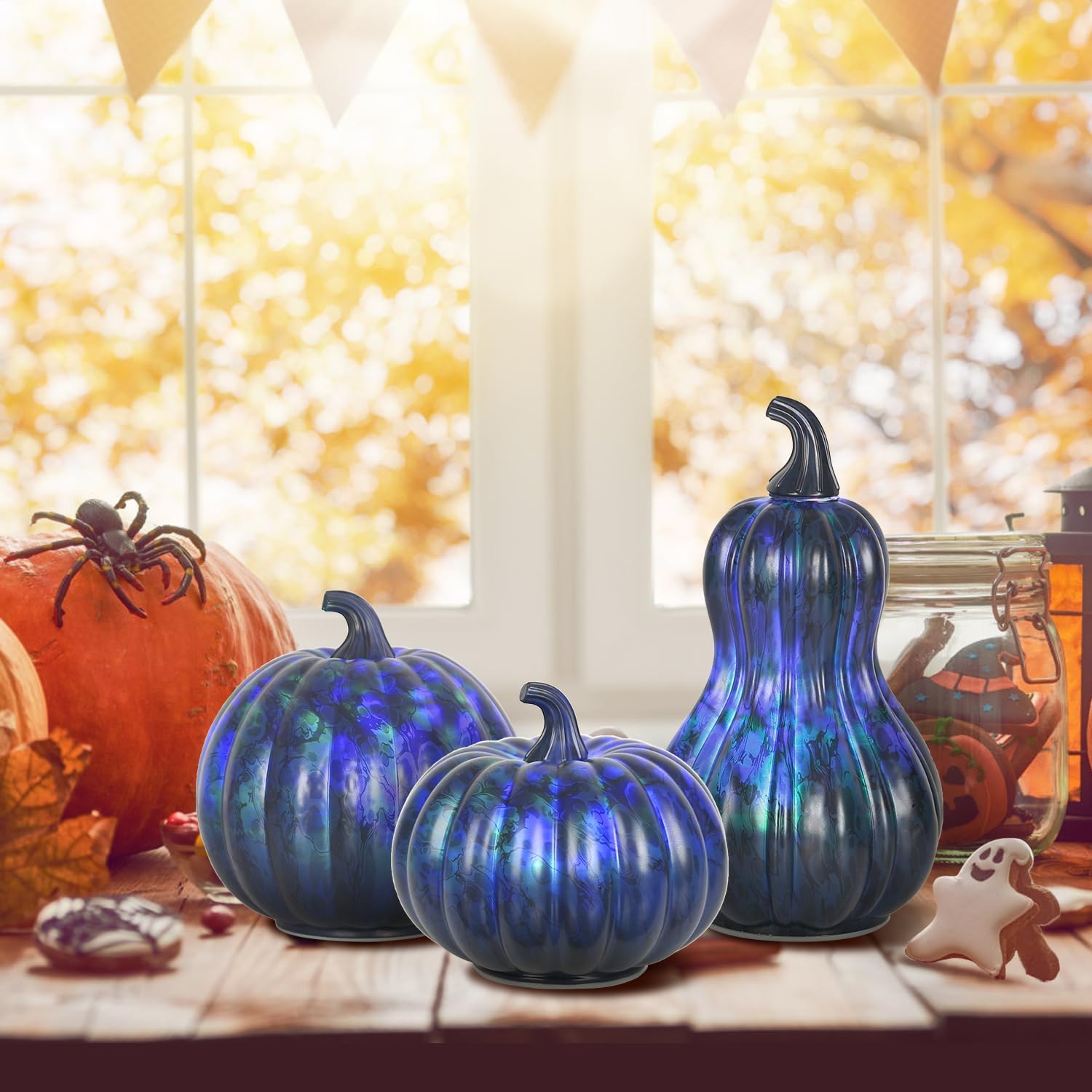 Romingo Set of 3 Glass led Pumpkin Glass Lighted Pumpkin décor Halloween Decoration