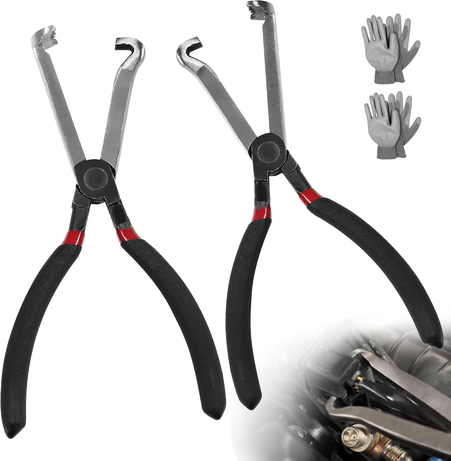 JORMIX 2Pcs Electrical Disconnect Pliers, Automotive Electrical Connector Pliers with Nylon Working Gloves, Perfect for Loosening Sensor Harnesses