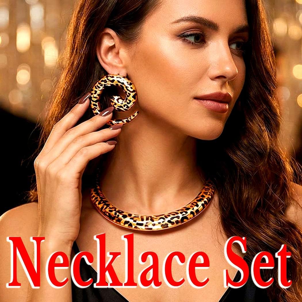 Leopard Print Choker Necklace Earring Set Gold African Chunky Cheetah Jewelry Set for Women - Image 6