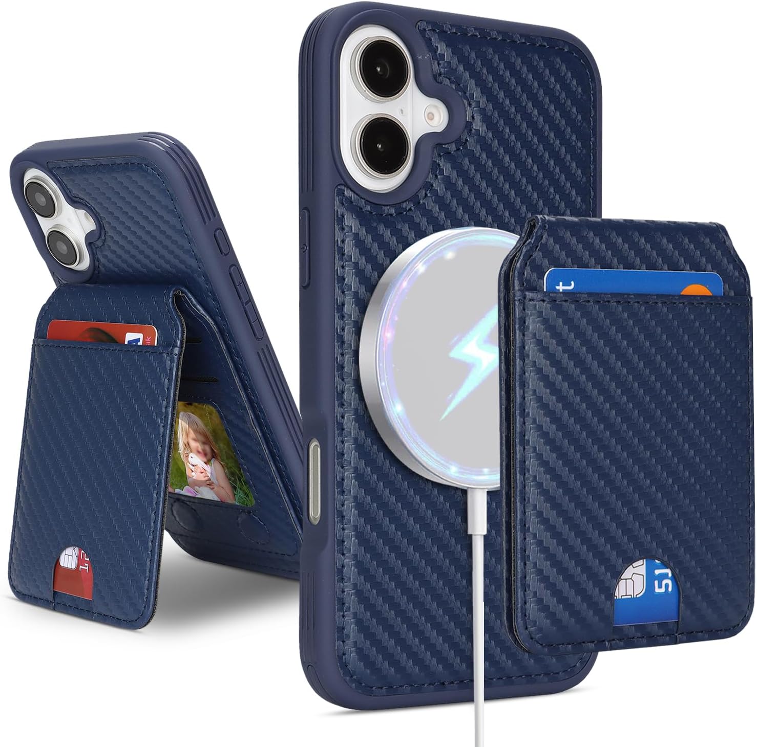 Ｈａｖａｙａ Compatible MagSafe for iPhone 16 Plus Wallet Case - Detachable 2-in-1 Magnetic Cover, Textured Carbon Fiber, with Card Slots & Wireless Charging - Cobalt Blue