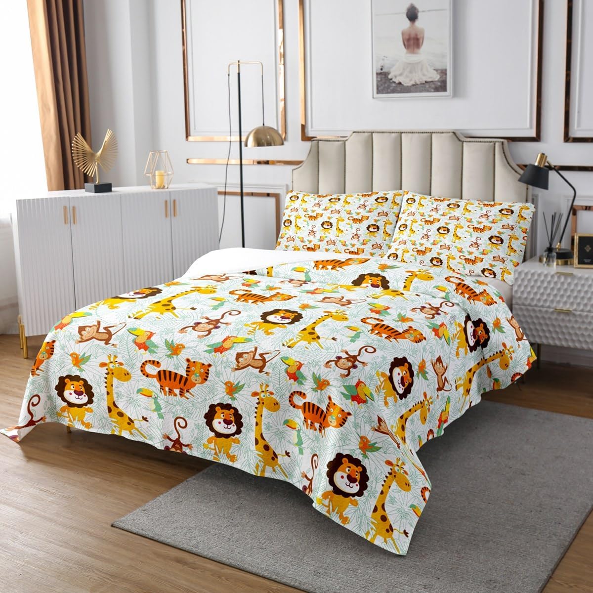 Cartoon Animals Bedspread Twin Size for Kids Boys Girls,Cute Tiger Lion Monkey Giraffe Bedding Set,Tropical Palm Leaf Parrot Comforter Set,Teens Green Yellow Print Quilt Coverlet,1 Pillowcase