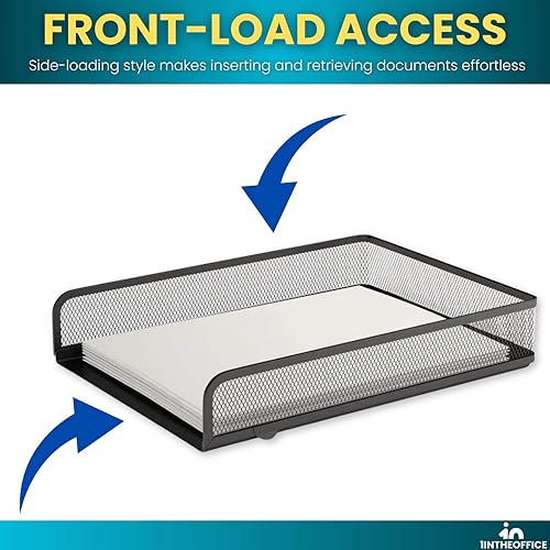Miniatura 5 de 1InTheOffice Bandejas de escritorio apilables para cartas, organizador de bandejas de papel de carga frontal de malla de alambre negro mate (paquete
