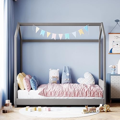 Miniatura 3 de Harper & Bright Designs Montessori - Cama individual para niños, cama individual de plataforma con cabecero y estribo, cama individual de terciopelo